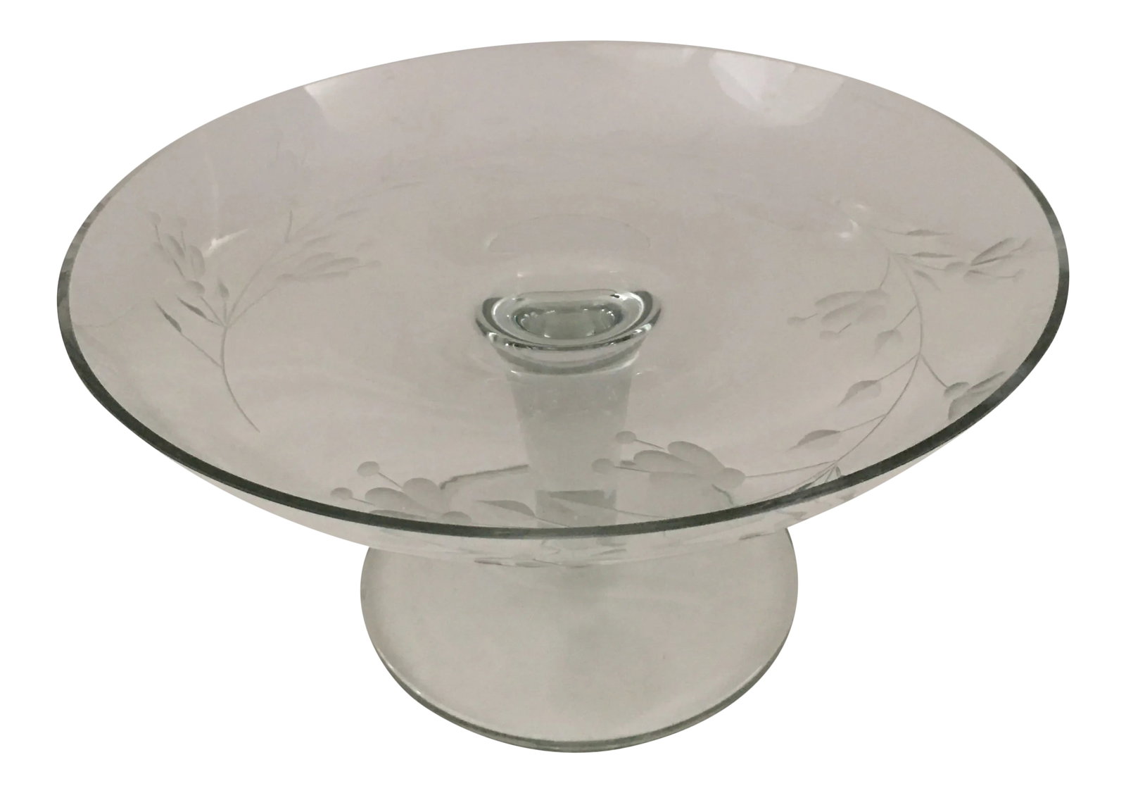 1970s Etched Crystal Cake Stand: Make your holidays a little more festive with this vintage etched crystal cake stand. Measures 12" x12" x 6.25" high. Condition: Alterations: Original Condition Unaltered Imperfections: Some