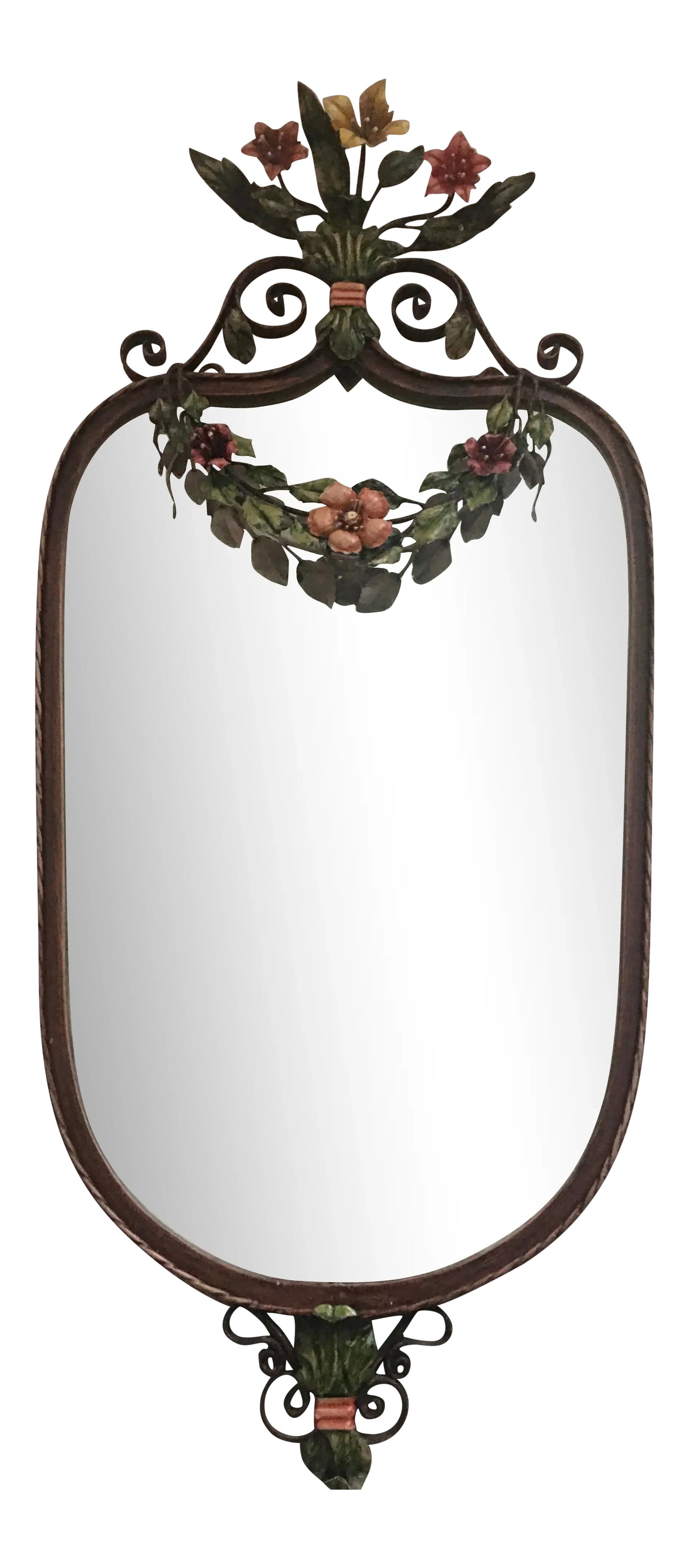 Large 1930's Floral Swag Iron Wall Mirror: Stunning 1930's floral swag iron wall mirror. Ideal for a foyer entrance, bed or bathroom. Nice large size measuring 44" h x 20" w x 3" d. Excellent condition Thank you ! Condition: Alterations: