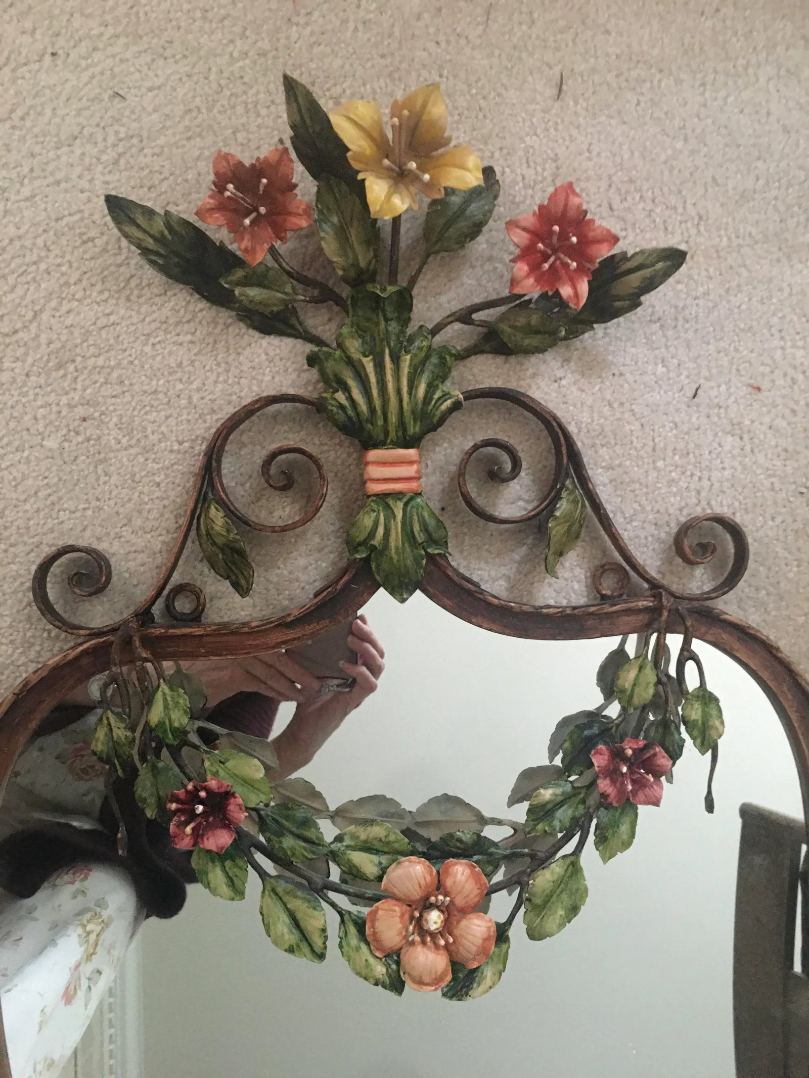 Large 1930's Floral Swag Iron Wall Mirror - 5