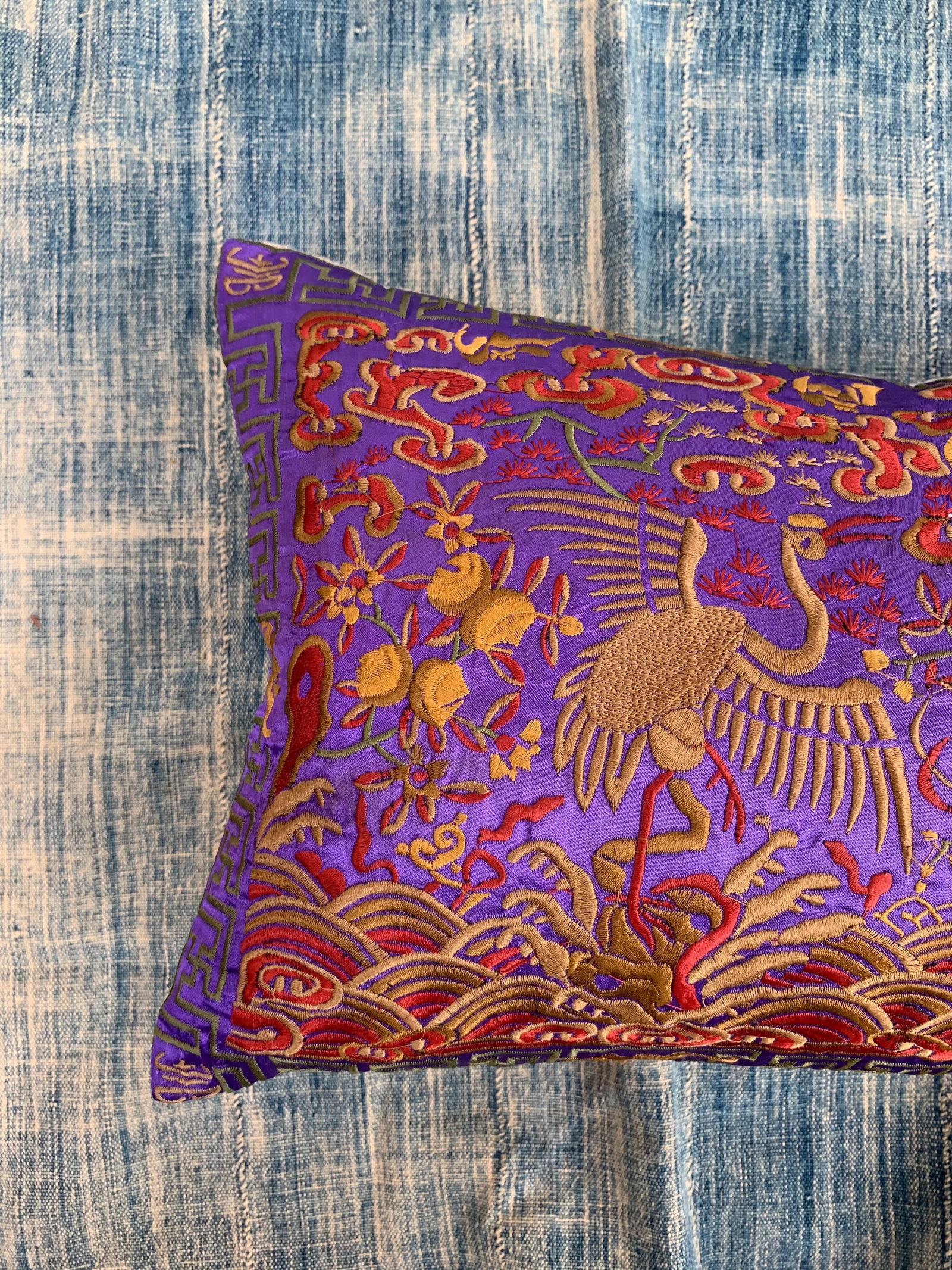 Hollywood Regency Purple & Gold Asian Chinoiserie Silk Crane Lumbar Boudoir Pillow - 10