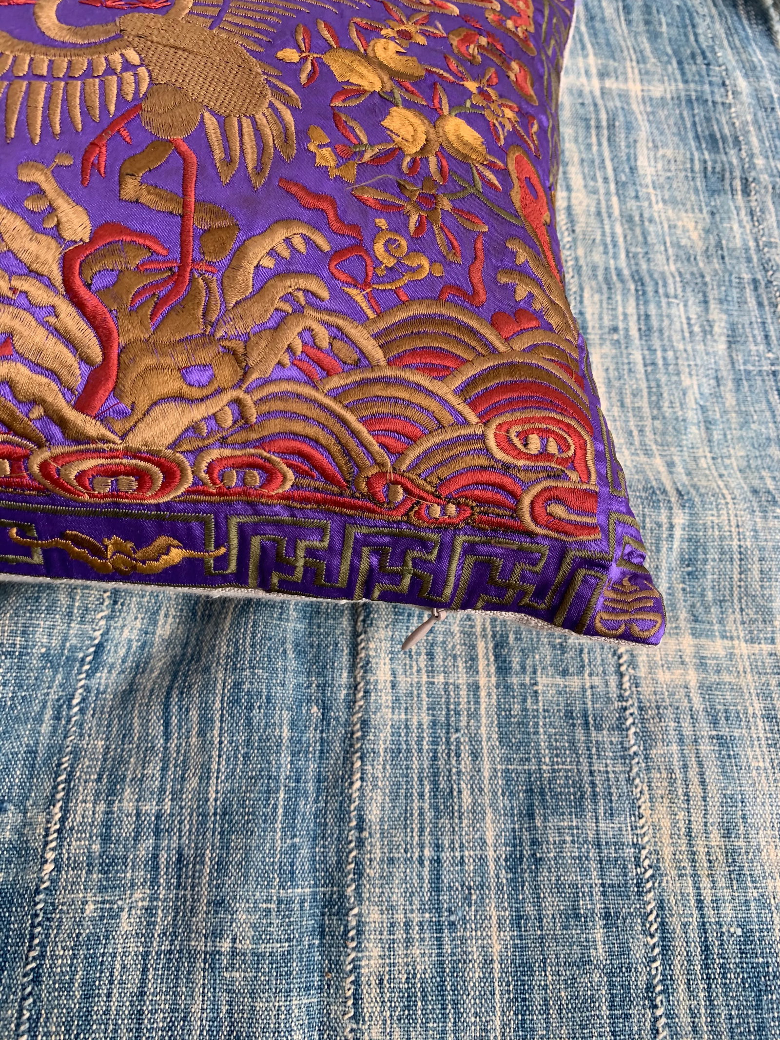 Hollywood Regency Purple & Gold Asian Chinoiserie Silk Crane Lumbar Boudoir Pillow - 11