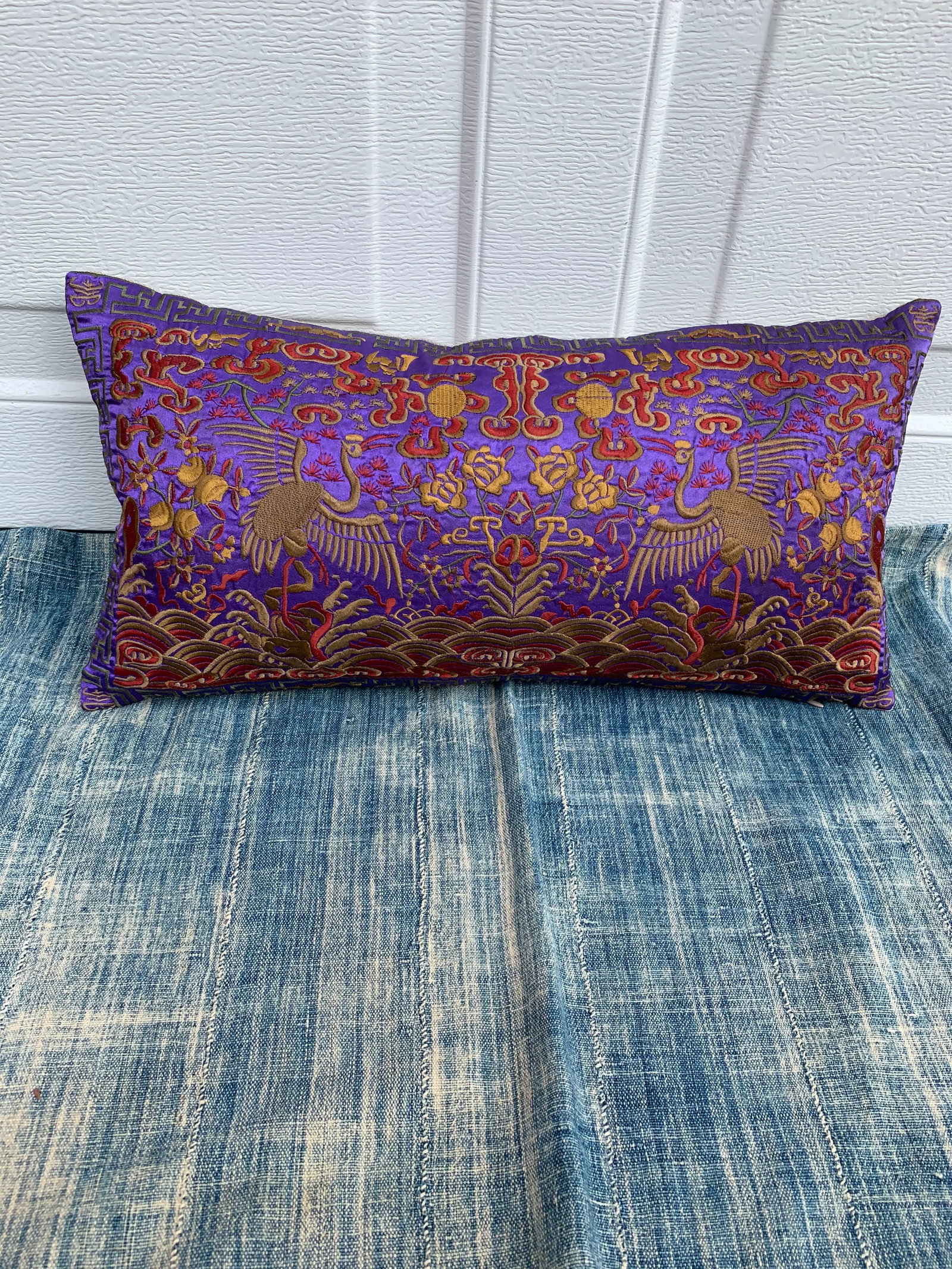 Hollywood Regency Purple & Gold Asian Chinoiserie Silk Crane Lumbar Boudoir Pillow - 13