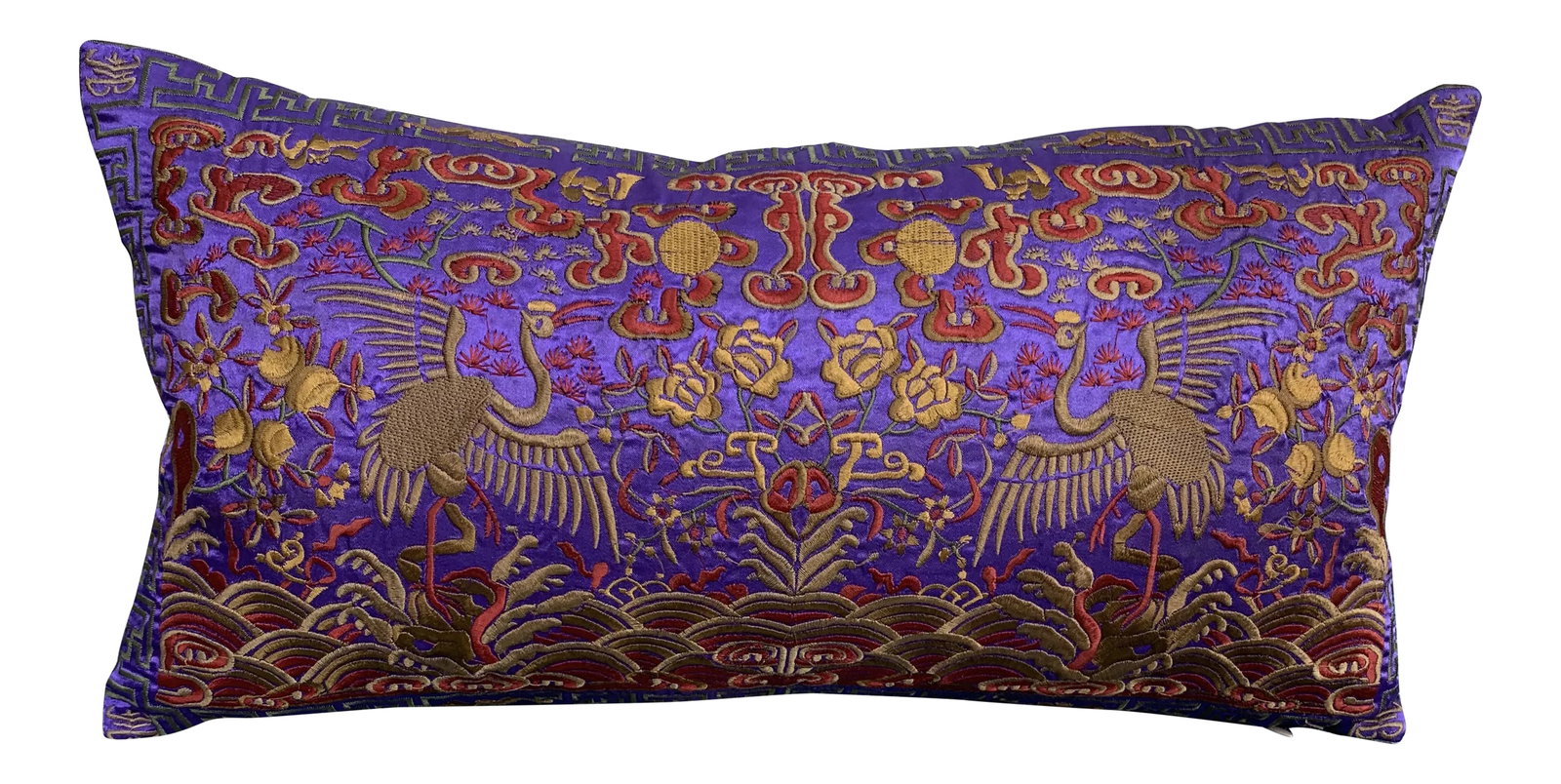 Hollywood Regency Purple & Gold Asian Chinoiserie Silk Crane Lumbar Boudoir Pillow (1 of 13)