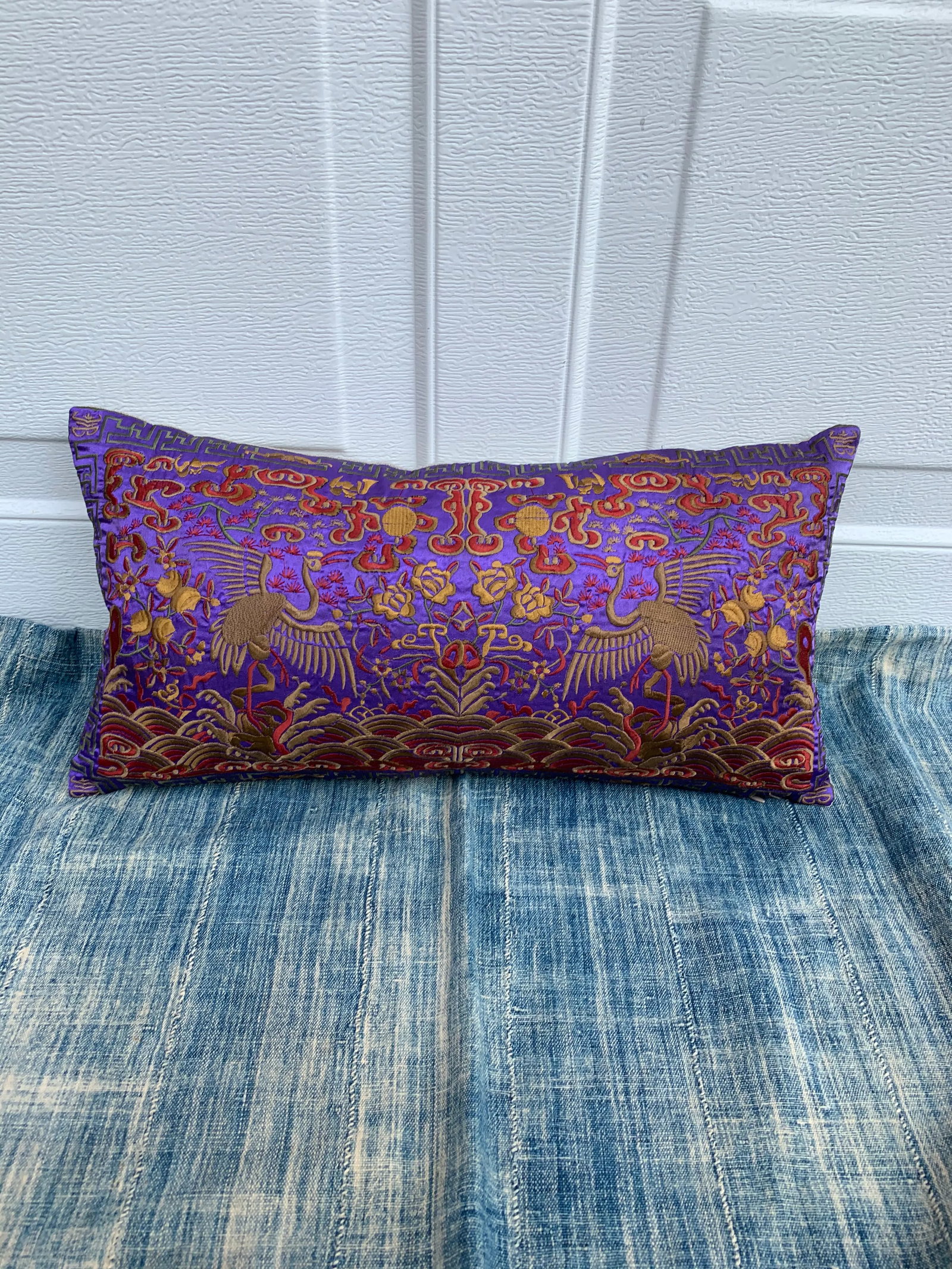 Hollywood Regency Purple & Gold Asian Chinoiserie Silk Crane Lumbar Boudoir Pillow - 2