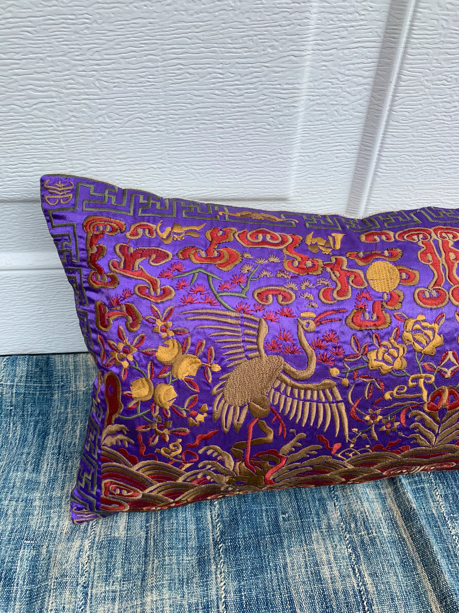 Hollywood Regency Purple & Gold Asian Chinoiserie Silk Crane Lumbar Boudoir Pillow - 3
