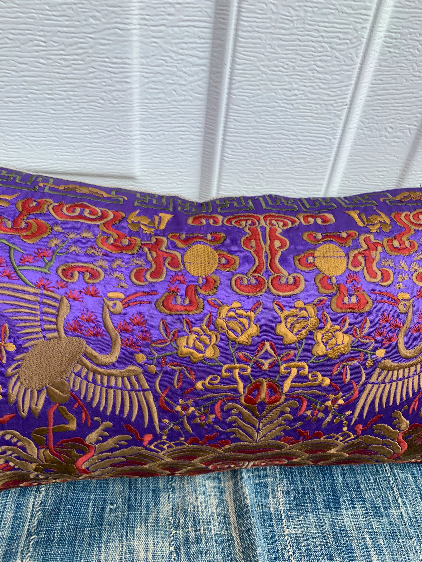 Hollywood Regency Purple & Gold Asian Chinoiserie Silk Crane Lumbar Boudoir Pillow - 4