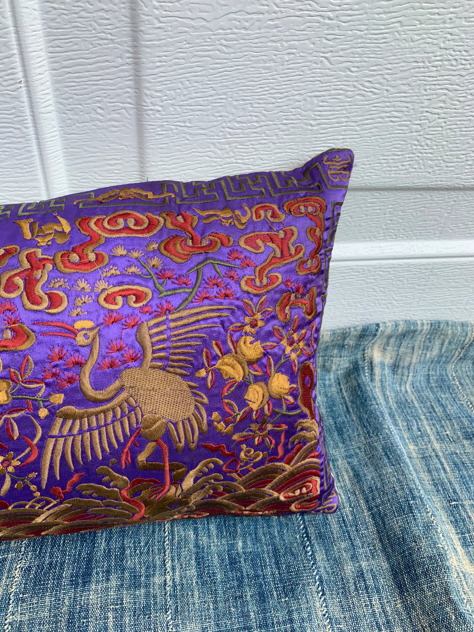 Hollywood Regency Purple & Gold Asian Chinoiserie Silk Crane Lumbar Boudoir Pillow - 5