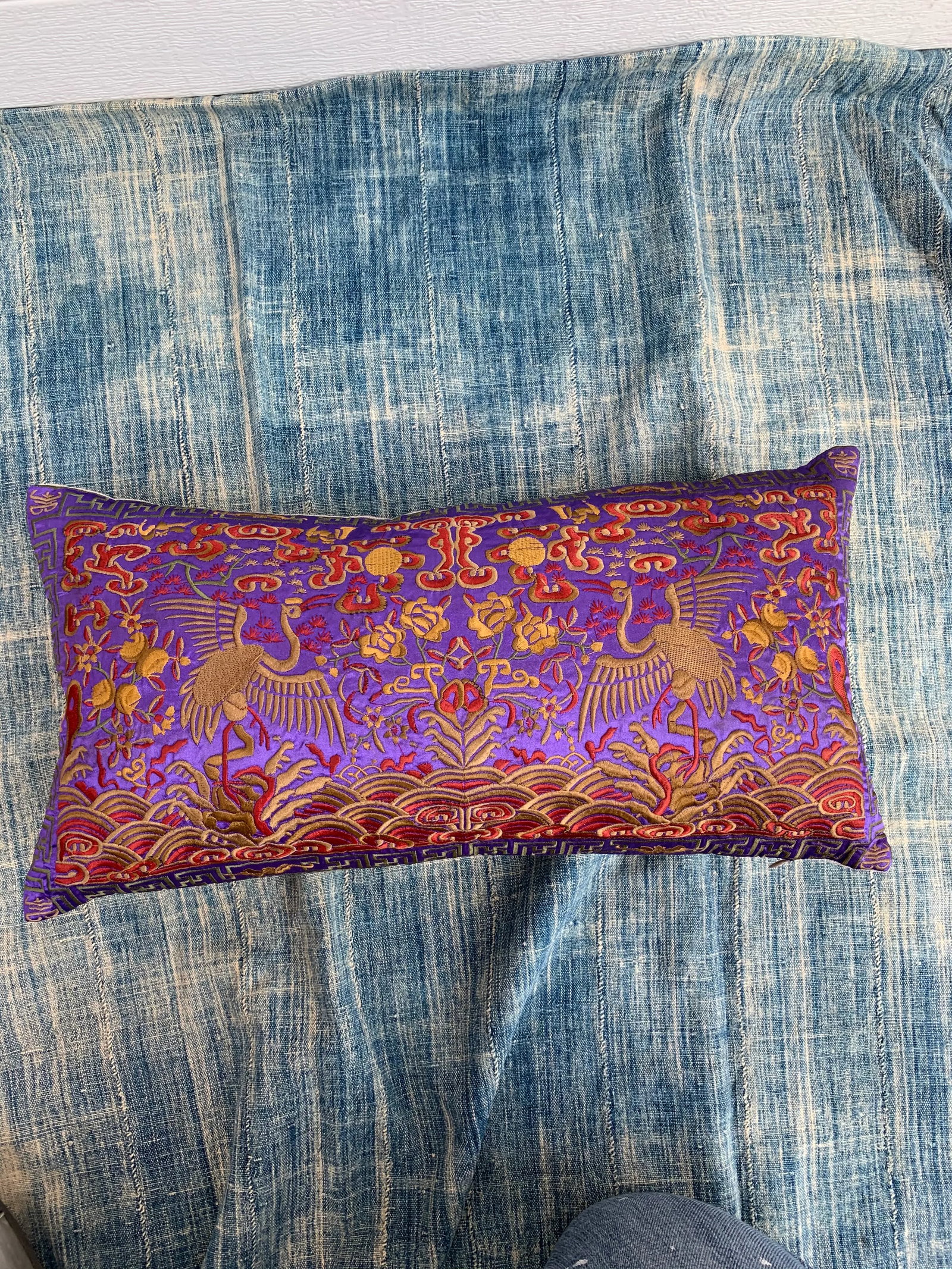 Hollywood Regency Purple & Gold Asian Chinoiserie Silk Crane Lumbar Boudoir Pillow - 6