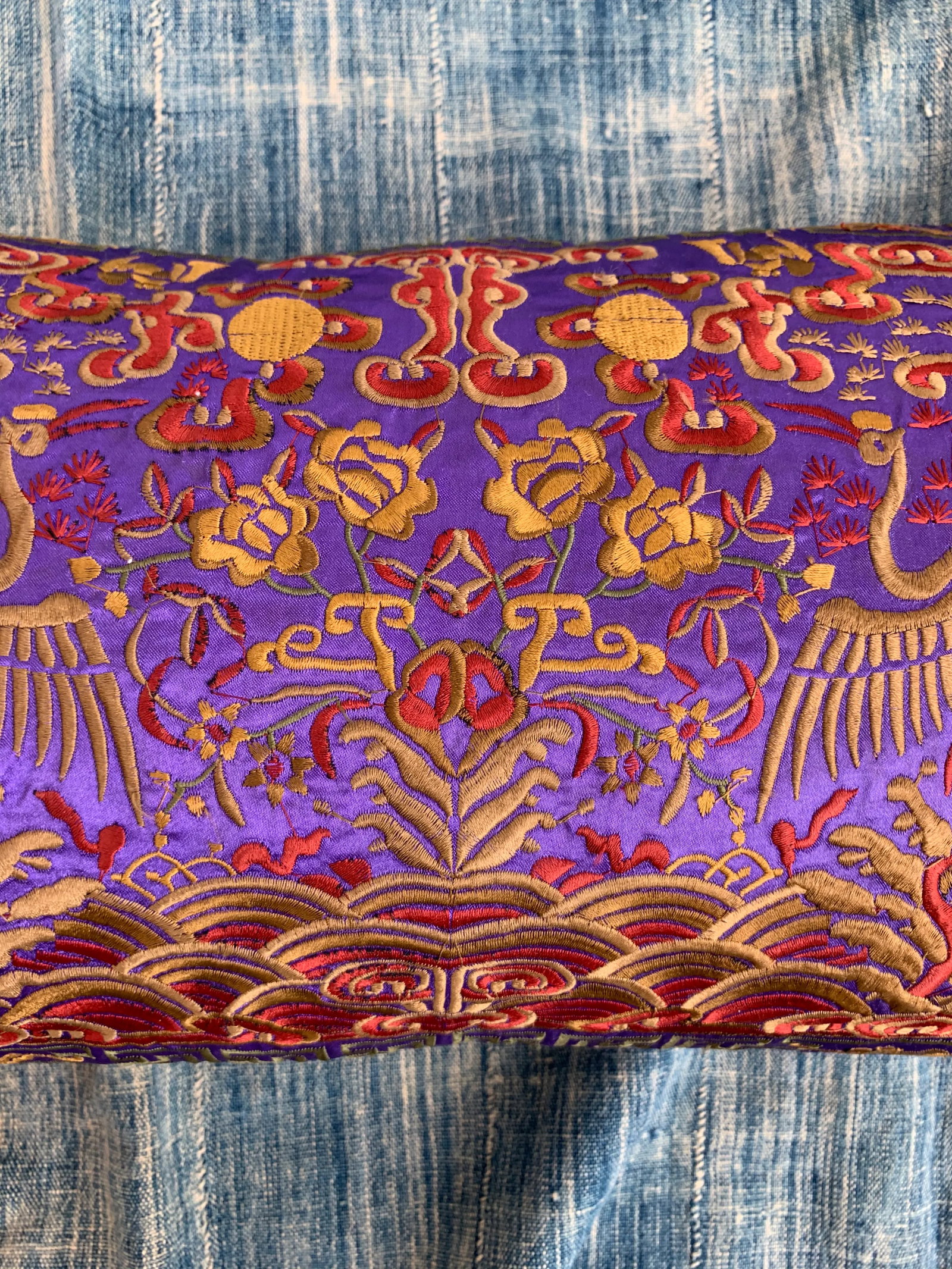 Hollywood Regency Purple & Gold Asian Chinoiserie Silk Crane Lumbar Boudoir Pillow - 9