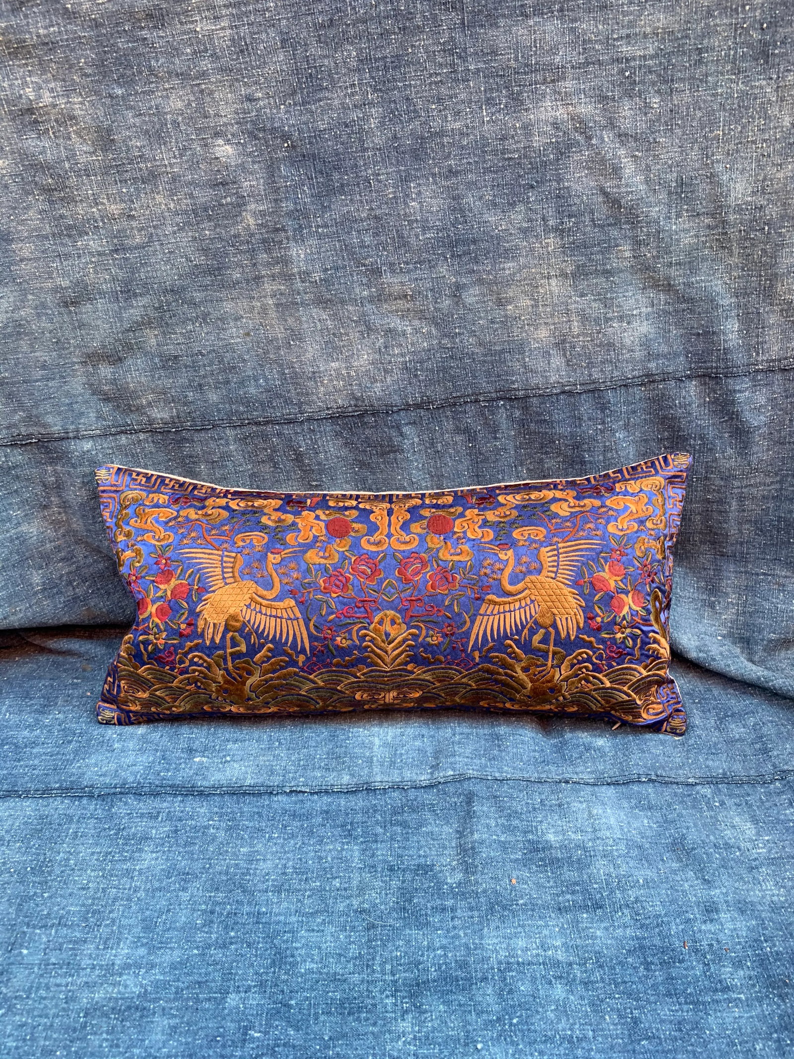 Hollywood Regency Blue & Gold Asian Chinoiserie Silk Crane Pillow - 11