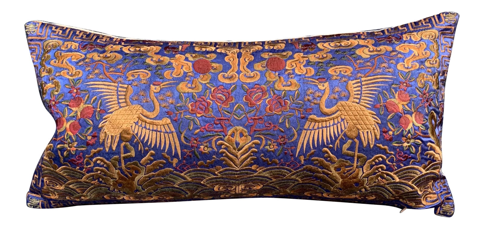 Hollywood Regency Blue & Gold Asian Chinoiserie Silk Crane Pillow (1 of 11)