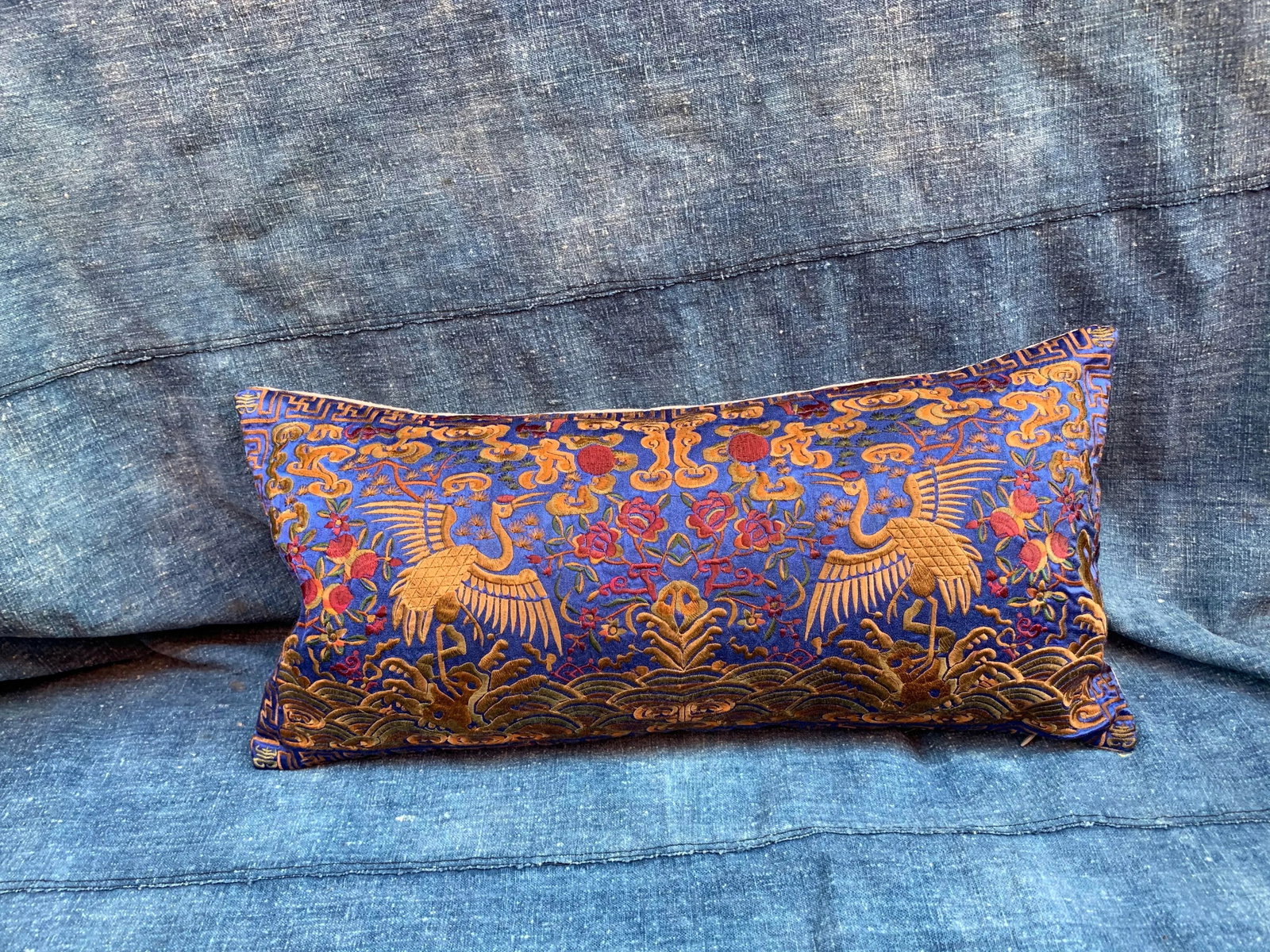 Hollywood Regency Blue & Gold Asian Chinoiserie Silk Crane Pillow - 2