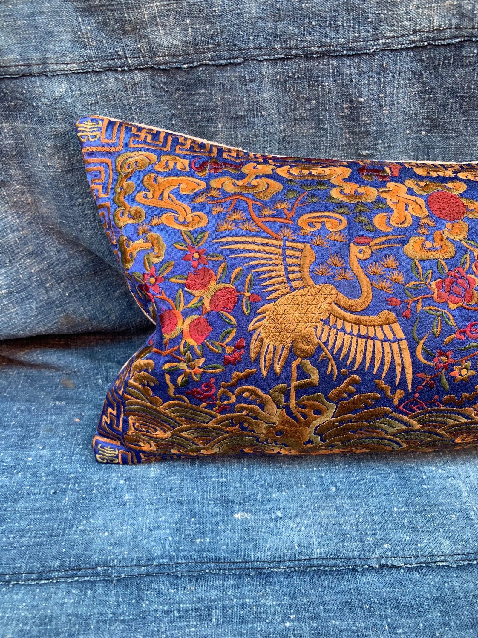 Hollywood Regency Blue & Gold Asian Chinoiserie Silk Crane Pillow - 3