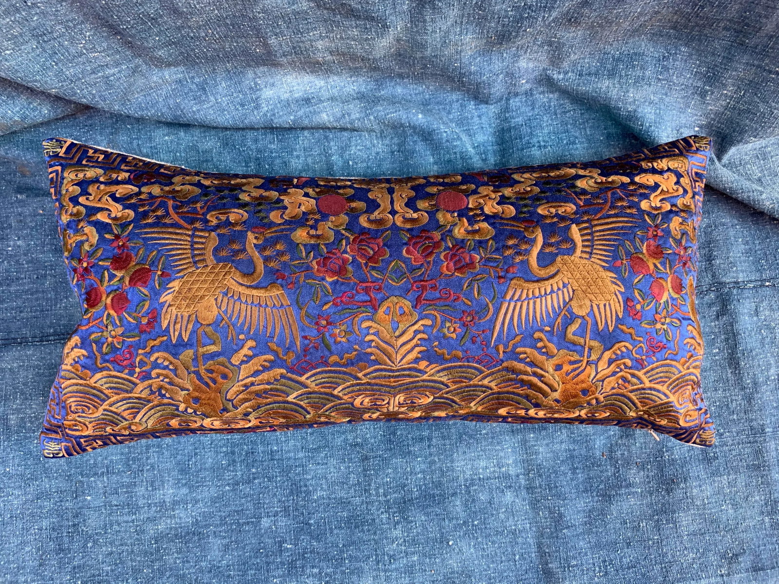 Hollywood Regency Blue & Gold Asian Chinoiserie Silk Crane Pillow - 5