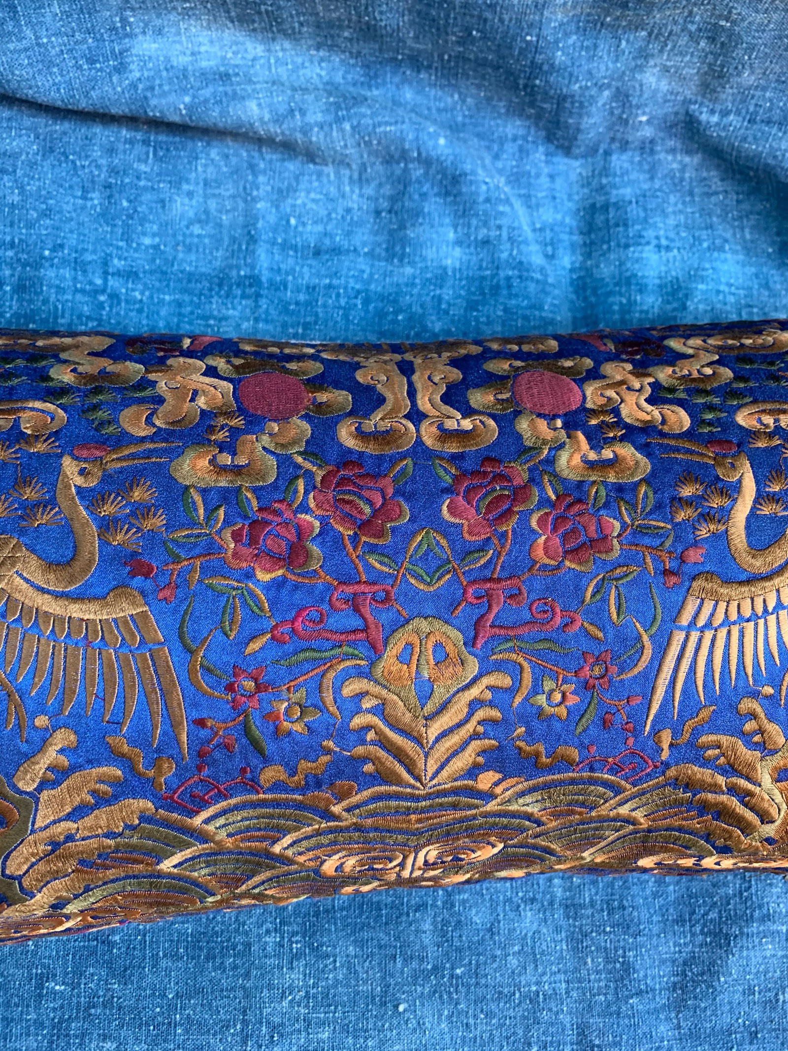 Hollywood Regency Blue & Gold Asian Chinoiserie Silk Crane Pillow - 9