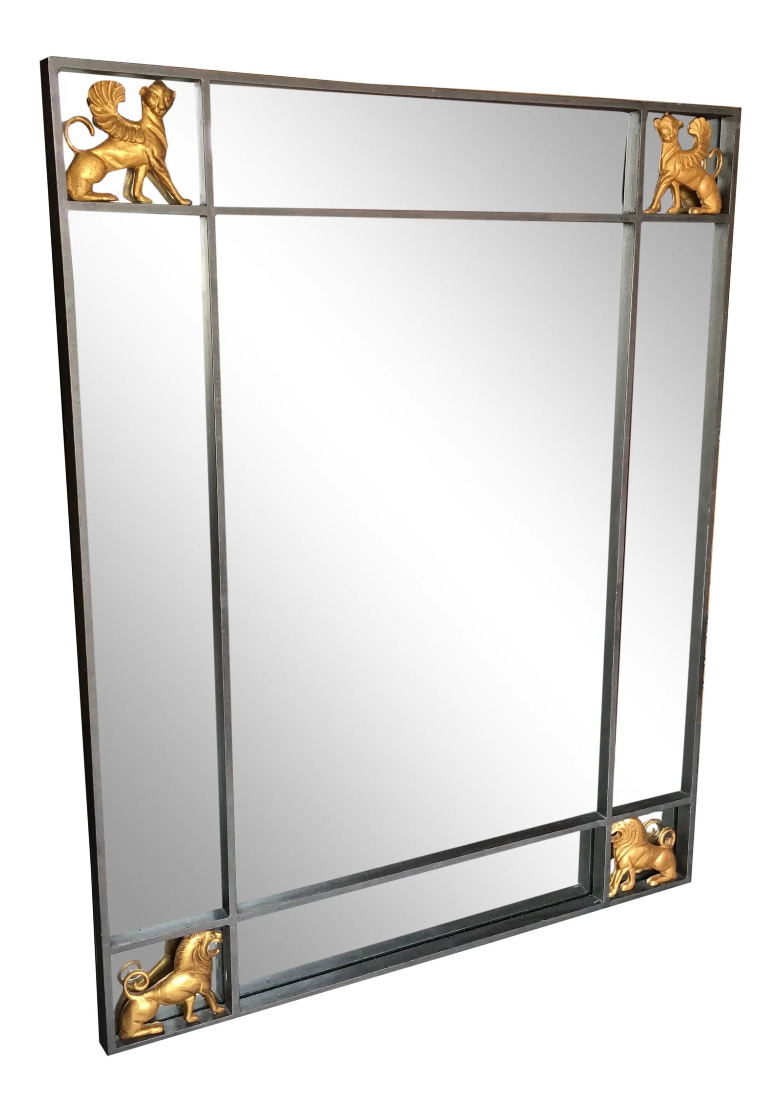 Hollywood Regency Iron & Brass Griffin Wall Mirror Large: Large & impressive mirror. Iron possibly Pewter with gold winged tigers in the four corners. Heavy and solid. Condition: Alterations: Original Condition Unaltered Imperfections: Some Imperfections Con