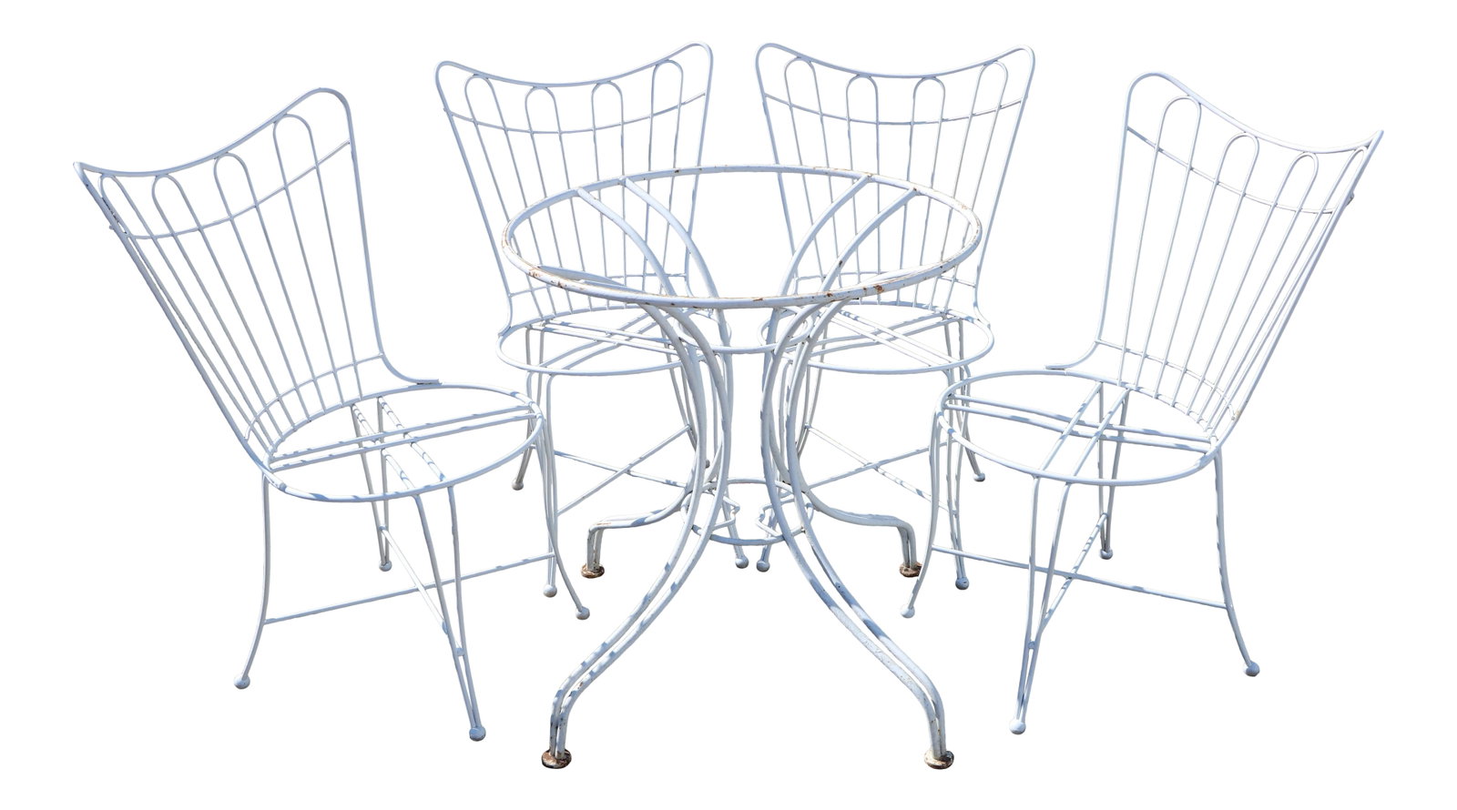 Mid-Century Homecrest Wire Patio Set - Table and 4 Chairs: Iconic mid-century patio set from Homecrest Outdoor Living. This set features the best of retro design: ball-footed hairpin legs, swooping wingback seats, and durable baked on enamel over bonderized