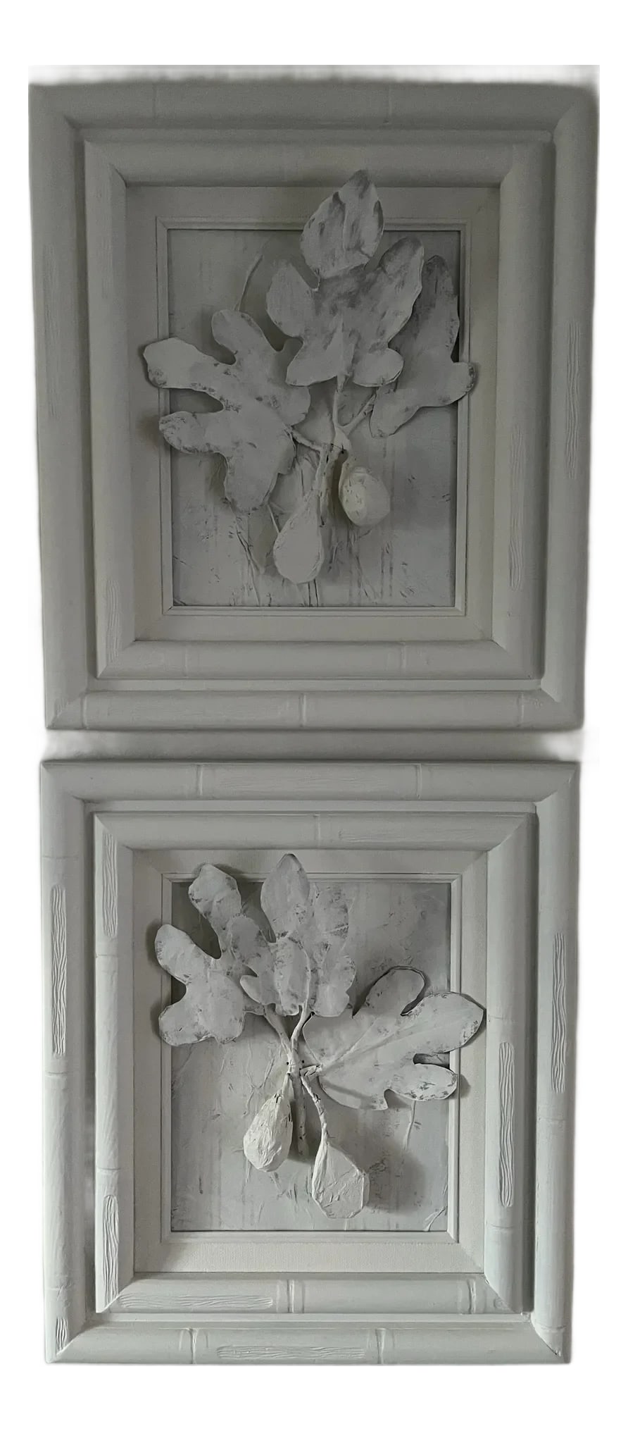Framed Paper Mache Fig Sculptures a Pair: A pair of hand made papier mache fig sculptures finished with faux bamboo carved wood frames. Condition: Imperfections: No Imperfections Condition Notes: Excellent. Origin: United States Materials