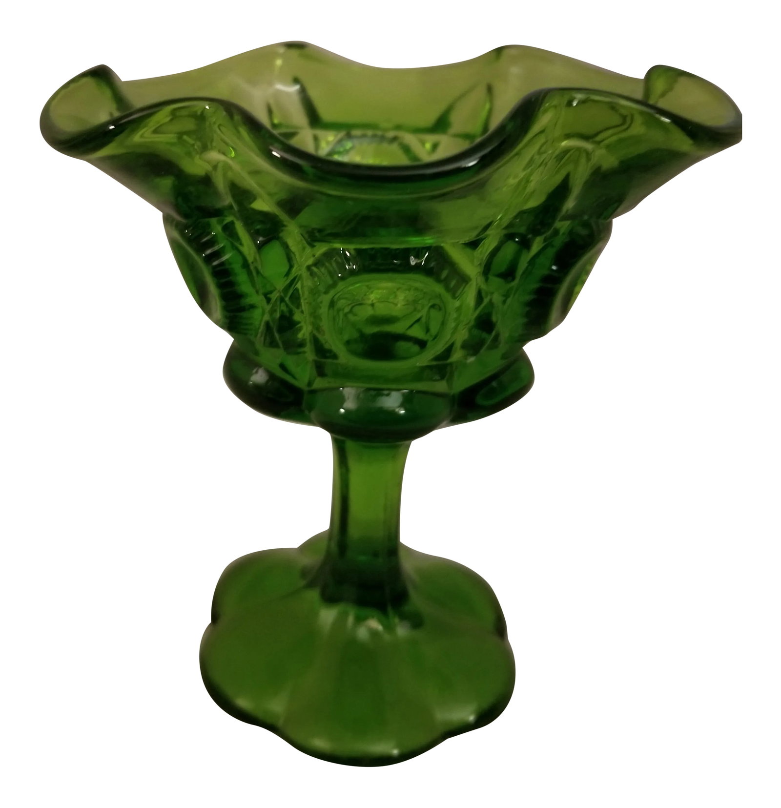 1960s L.E. Smith Moon and Stars Compote Emerald Green Glass Dish: Beautiful vintage L.E. Smith Moon and Stars Compote Emerald Green Glass/Dish. Condition: Alterations: Original Condition Unaltered Imperfections: Some Imperfections Condition Notes: Excellent conditio