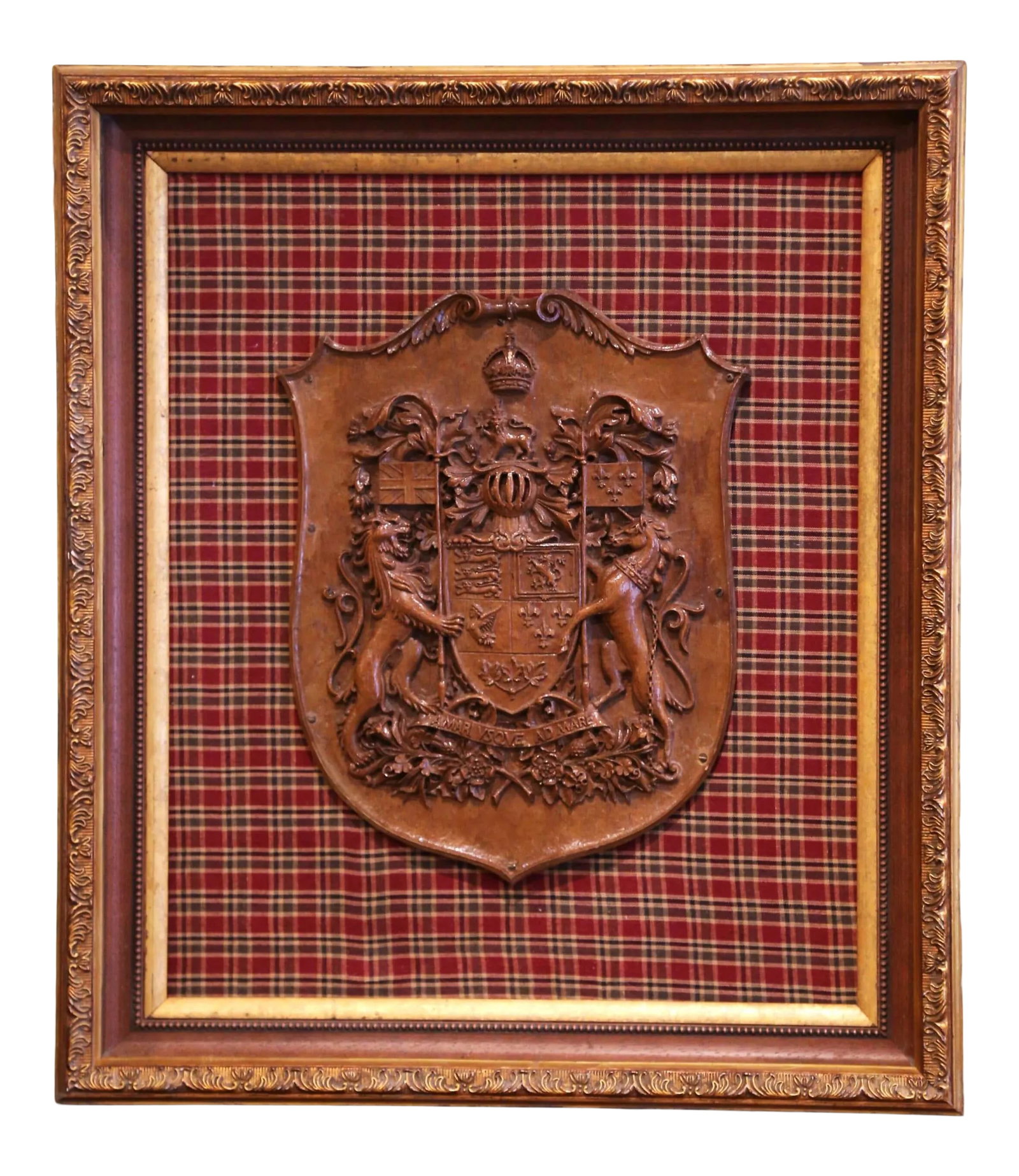 Early 20th Century Carved Fruitwood Canadian Coat of Arms Wall Plaque: Rich in heraldic symbolism and finely rendered detail, this antique wall plaque features the Royal Coat of Arms of Canada. Crafted circa 1930, the fruitwood carving depicts the crowned shield flanked