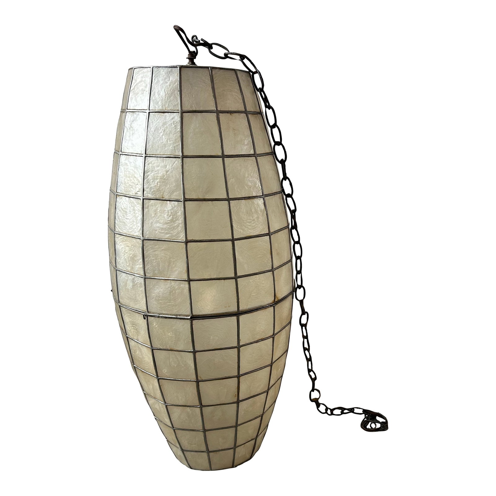 1970s Mid Century Capiz Shell Bullet Pendant Swag Lamp: Amazing vintage capiz shell extra large bullet swag lamp! Perfect for an entryway, over a staircase or any room with a high ceiling! 30 inches tall, 13" diameter at widest section, 8 inch diameter at 