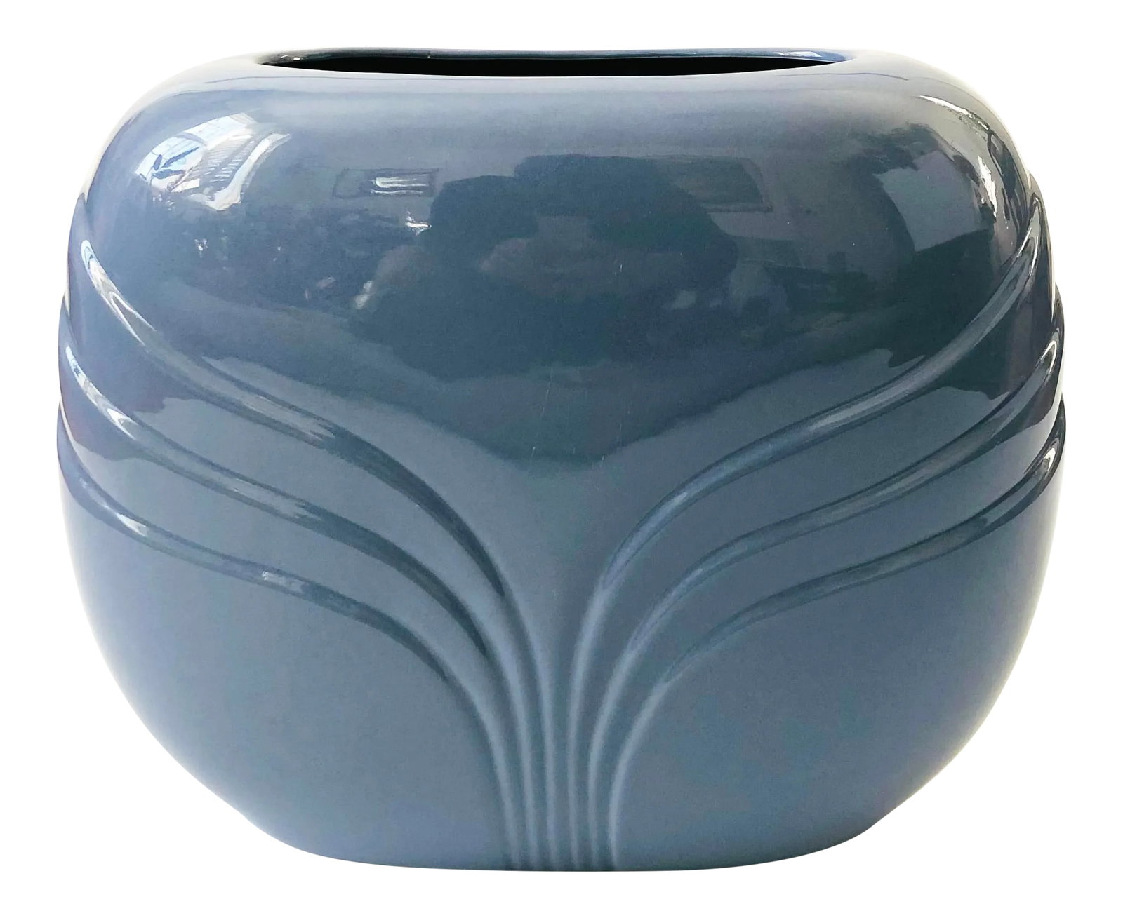 Extra Large Vintage 80s Modern Embossed Periwinkle Vase: An extra large vintage 80s modern ceramic vase. Nice rounded shape with an embossed design on each side, finished in a glossy periwinkle glaze. A sculptural bold statement piece. Made by Haeger in