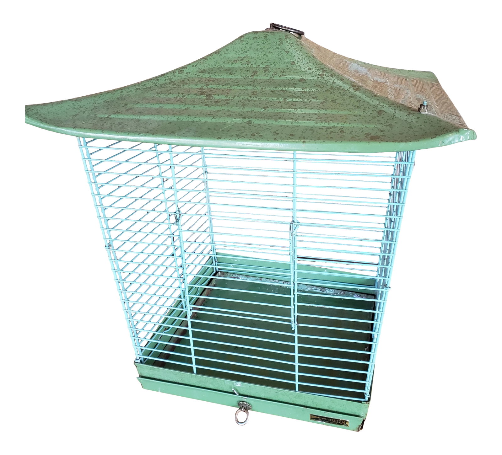 Mid 20th Century Reliance Green Asian Style Birdcage: Wonderful mid-century birdcage by Reliance. The original color was teal but has aged into a beautiful faded green. Everything with this piece is in original condition and has a lovely patina. In
