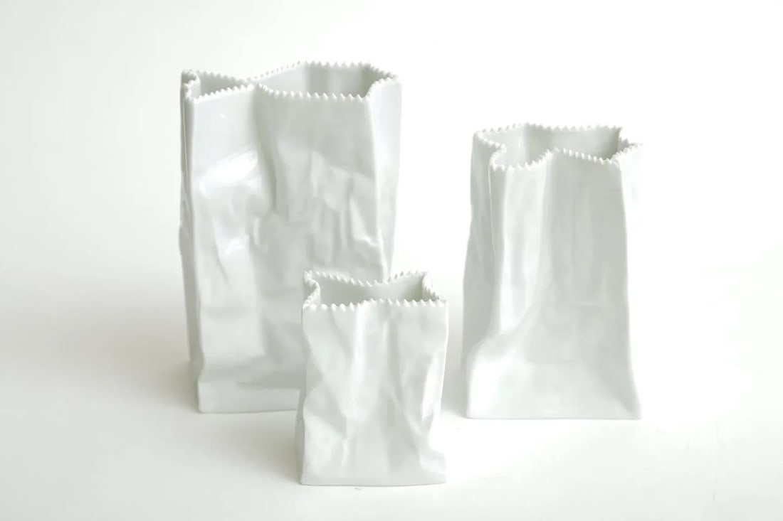 Vintage Rosenthal Tapio Wirkalla Ceramic Signed Crushed Do Not Litter Bags or Vases Set of 3 - 13