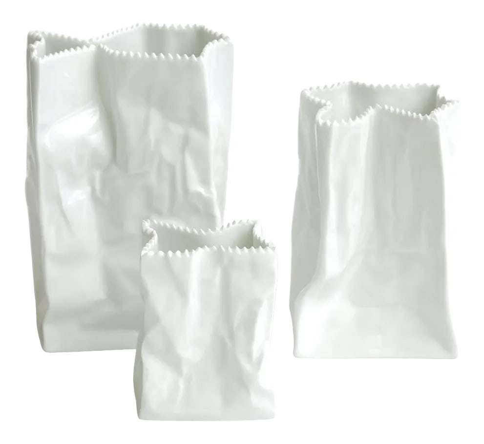 Vintage Rosenthal Tapio Wirkalla Ceramic Signed Crushed Do Not Litter Bags or Vases Set of 3: This complete set of 3 graduated hallmarked vintage Tapio Wirkalla For Rosenthal Germany white ceramic crushed paper bags, sculptural objects, vases or vessels are vintage from the 70's .They are