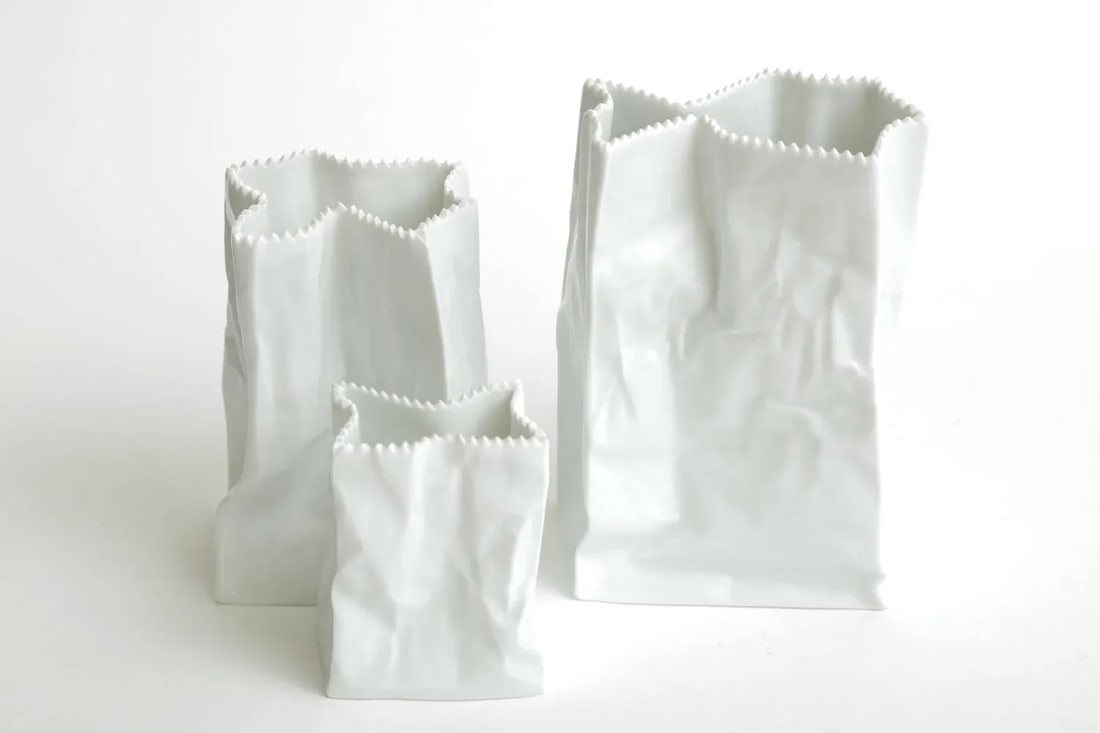 Vintage Rosenthal Tapio Wirkalla Ceramic Signed Crushed Do Not Litter Bags or Vases Set of 3 - 2