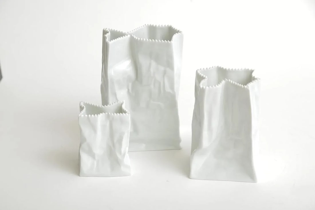 Vintage Rosenthal Tapio Wirkalla Ceramic Signed Crushed Do Not Litter Bags or Vases Set of 3 - 3