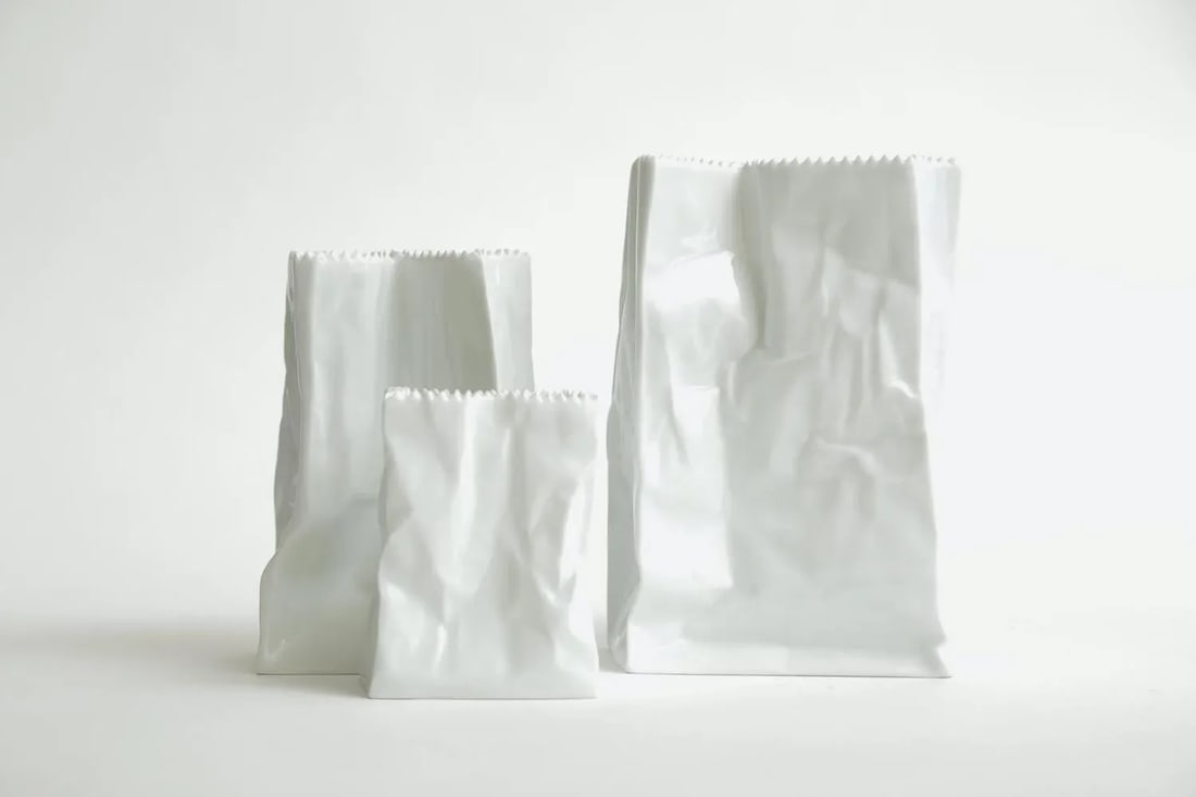 Vintage Rosenthal Tapio Wirkalla Ceramic Signed Crushed Do Not Litter Bags or Vases Set of 3 - 4