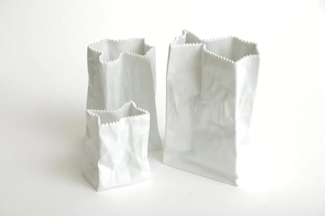 Vintage Rosenthal Tapio Wirkalla Ceramic Signed Crushed Do Not Litter Bags or Vases Set of 3 - 5