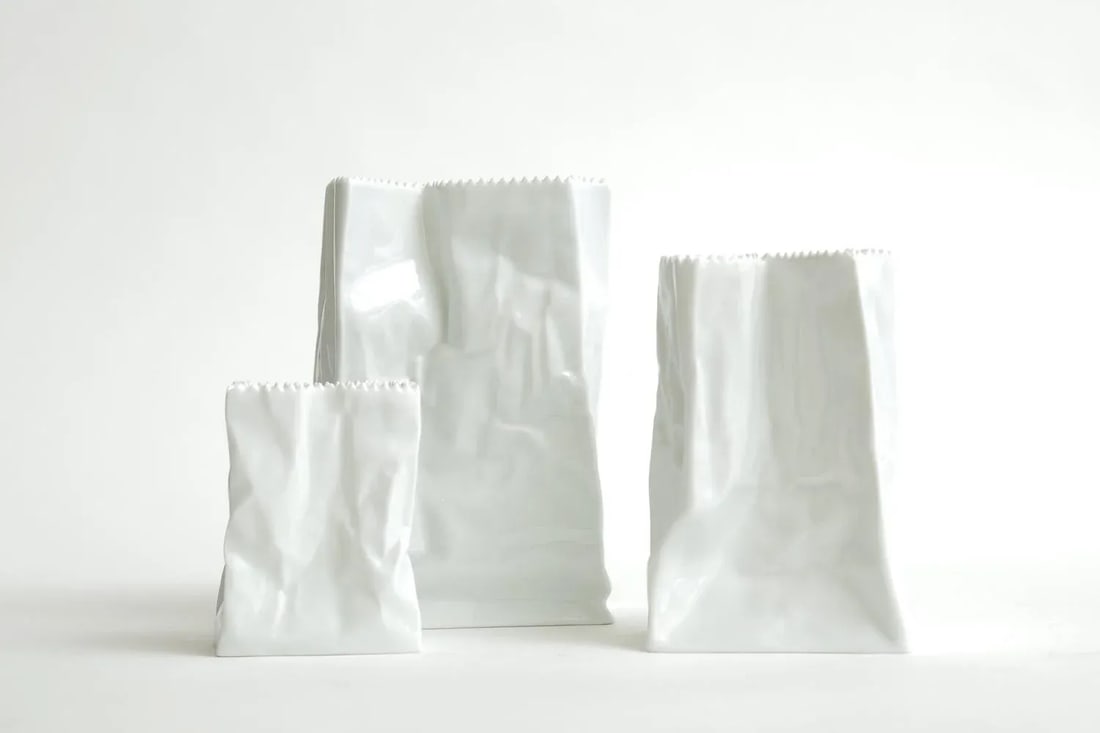 Vintage Rosenthal Tapio Wirkalla Ceramic Signed Crushed Do Not Litter Bags or Vases Set of 3 - 6