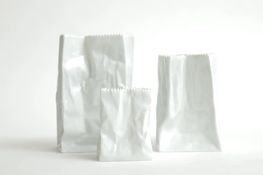 Vintage Rosenthal Tapio Wirkalla Ceramic Signed Crushed Do Not Litter Bags or Vases Set of 3 - 7