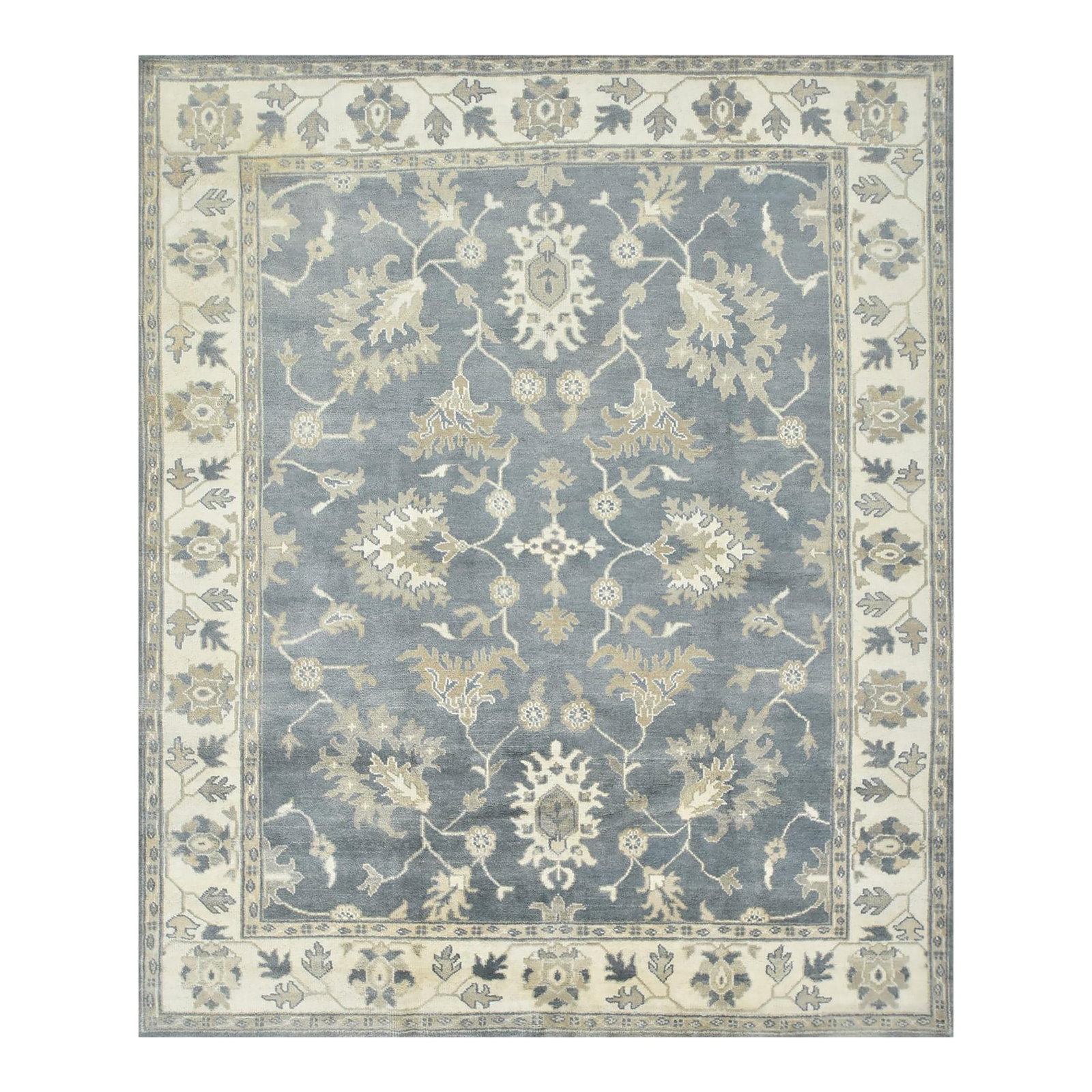 Oushak Rug 8'3" X 9'10" Blue Wool Traditional Hand-Knotted Oriental Carpet: A traditional Oushak rug is hand-knotted with an all-wool pile on a cotton foundation. This oriental rug features an all-over botanical design set against a blue background. There is a small, worn are