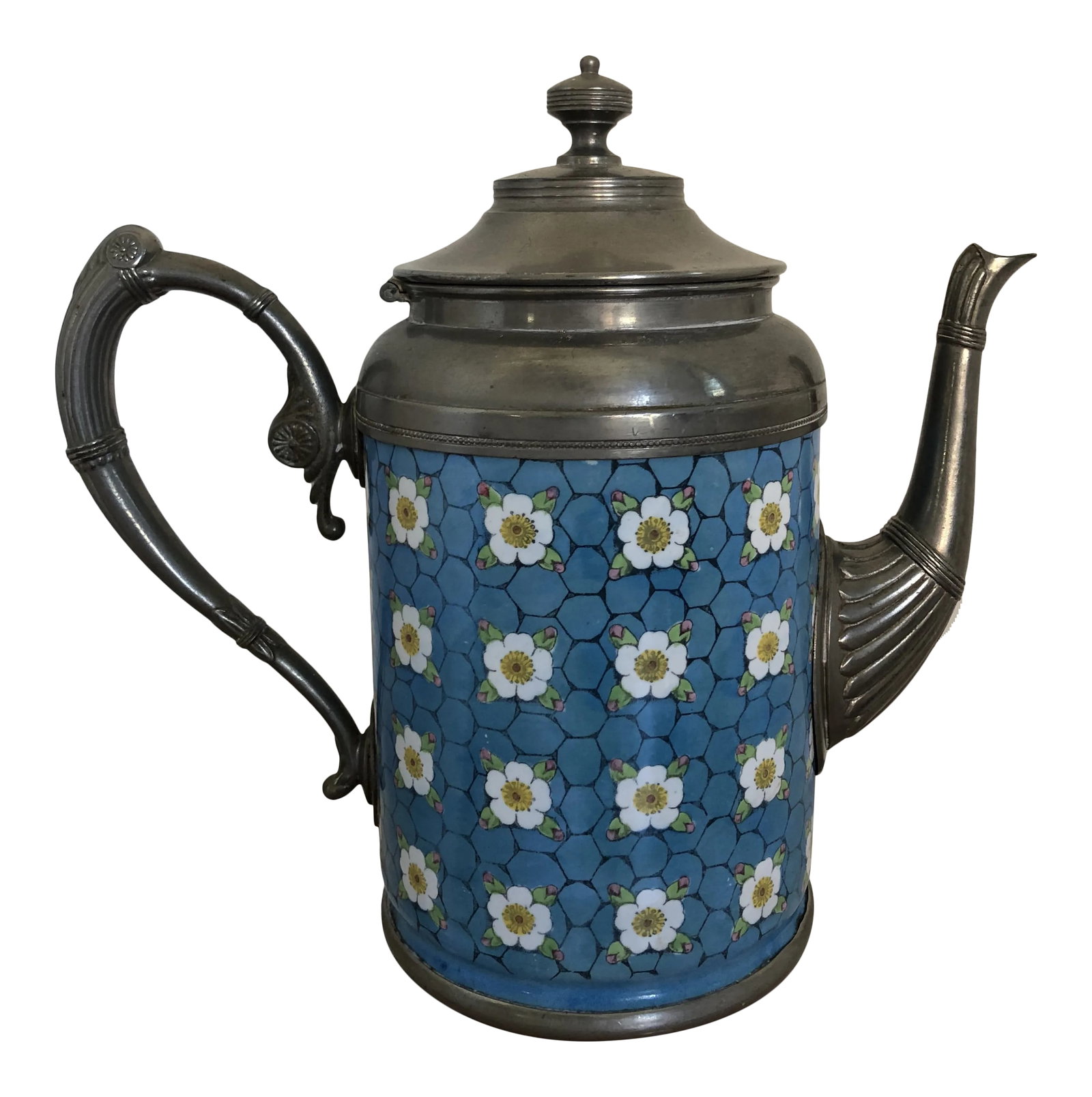 Antique Pewter-Trimmed Blue & White Apple Blossom Graniteware Enamelware Teapot: For sale is an outstanding antique pewter-trimmed Apple Blossum graniteware teapot that is in mint condition. It has a lovely blue and white contrast. It stands 9 1/2" tall and dates from 1890- 1905. 