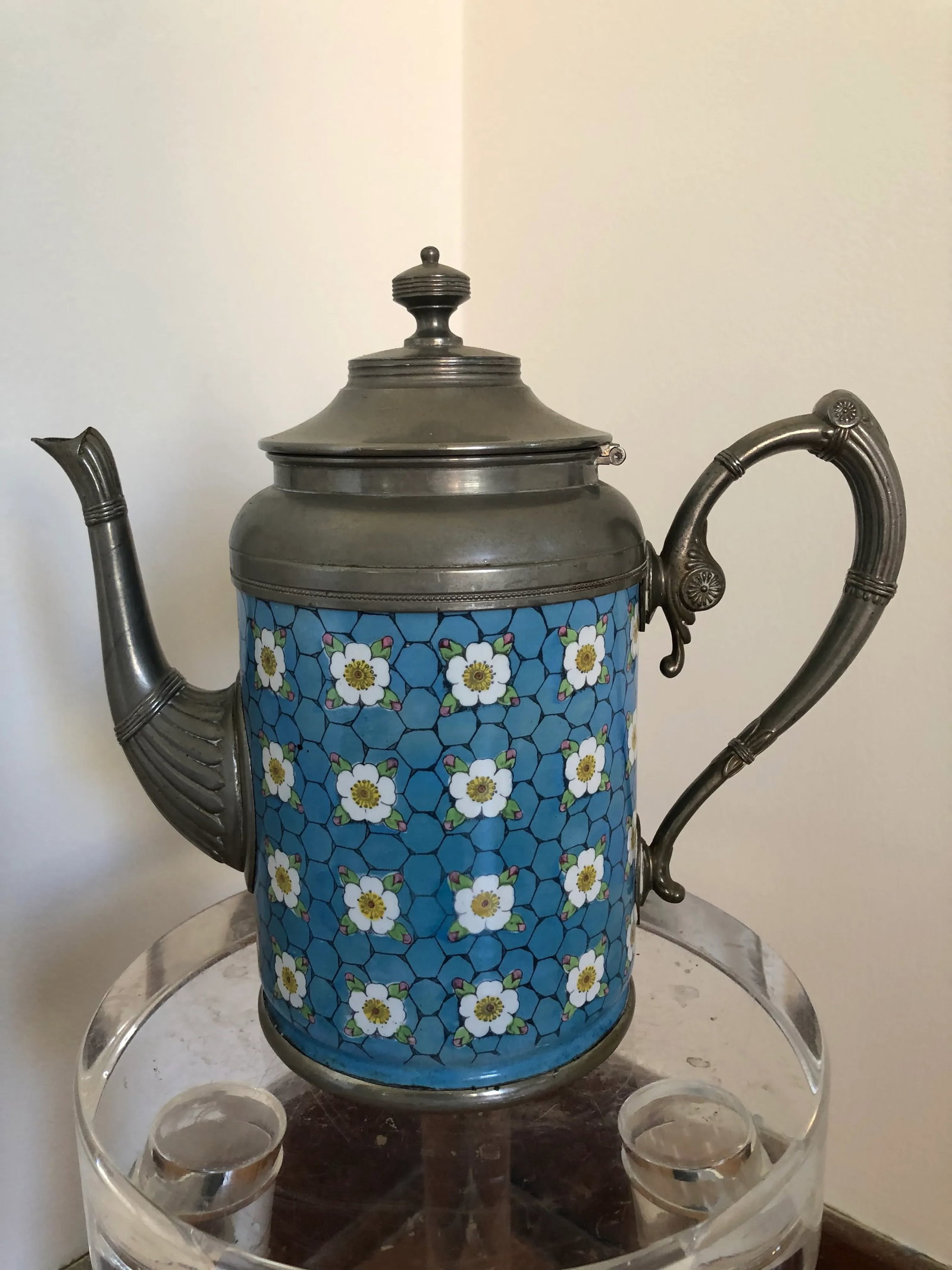 Antique Pewter-Trimmed Blue & White Apple Blossom Graniteware Enamelware Teapot - 2