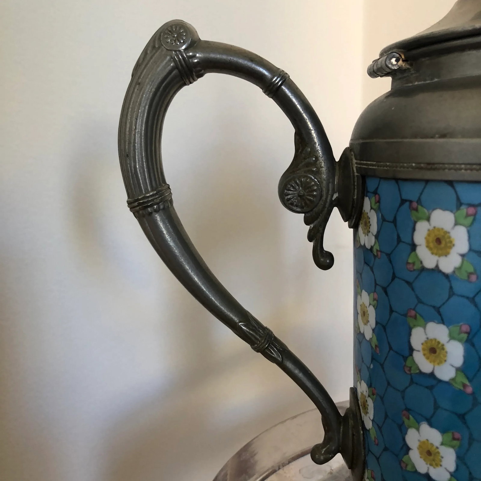Antique Pewter-Trimmed Blue & White Apple Blossom Graniteware Enamelware Teapot - 4