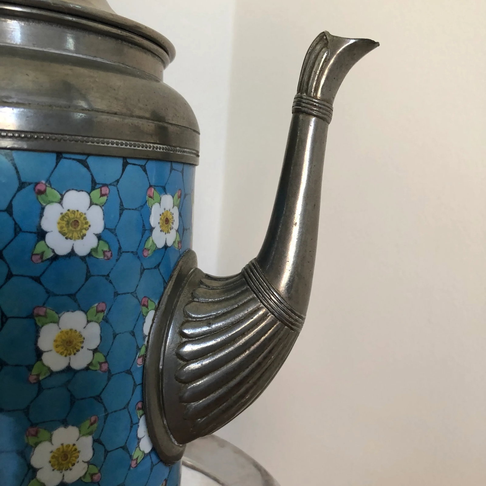 Antique Pewter-Trimmed Blue & White Apple Blossom Graniteware Enamelware Teapot - 5
