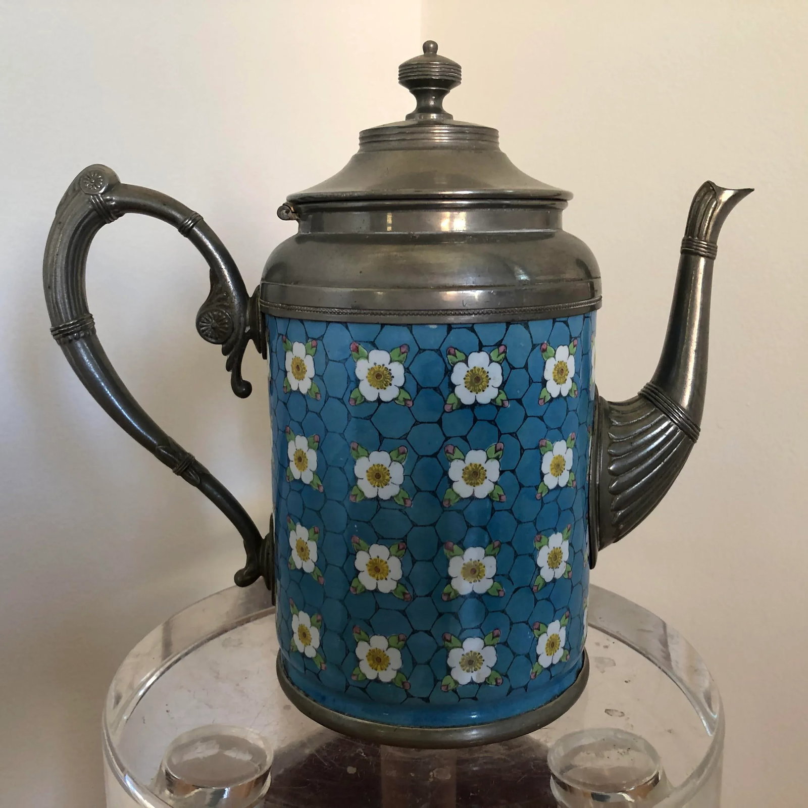 Antique Pewter-Trimmed Blue & White Apple Blossom Graniteware Enamelware Teapot - 6
