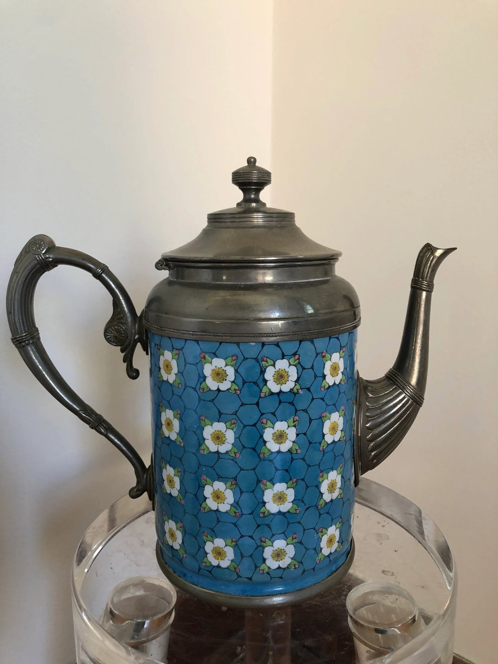 Antique Pewter-Trimmed Blue & White Apple Blossom Graniteware Enamelware Teapot - 8