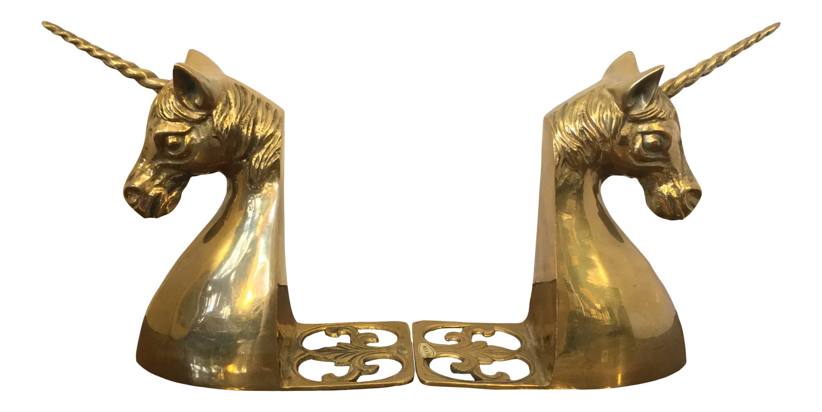 Vintage Heavy Brass Unicorn Bookends - a Pair: Gorgeous set of vintage brass unicorn bookends. This style is a super-rare find! Every boho / mid-century collector's dream! Condition: Alterations: Original Condition Unaltered Imperfections: Some