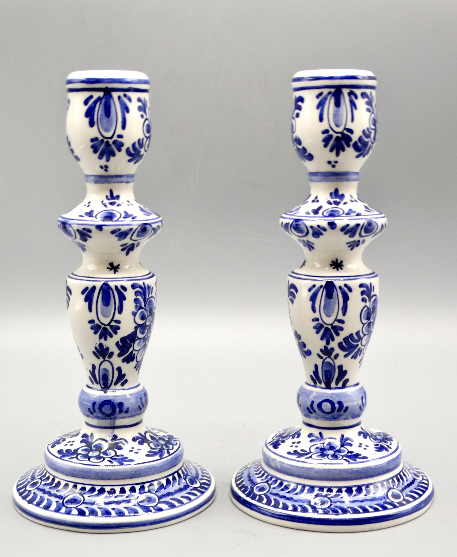 Blue & White Dutch Delft Faience Candle Holders, a Pair - 2