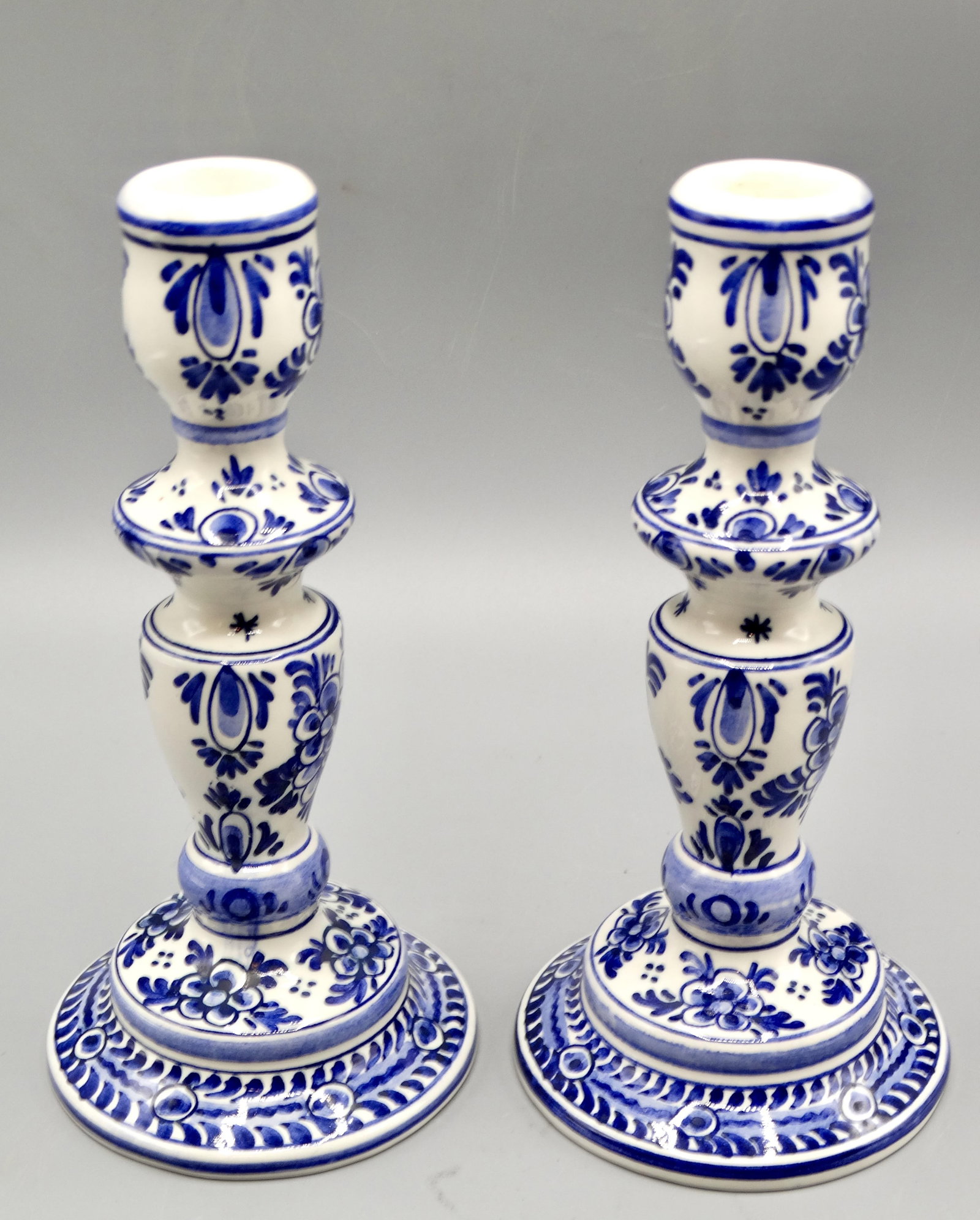 Blue & White Dutch Delft Faience Candle Holders, a Pair - 3