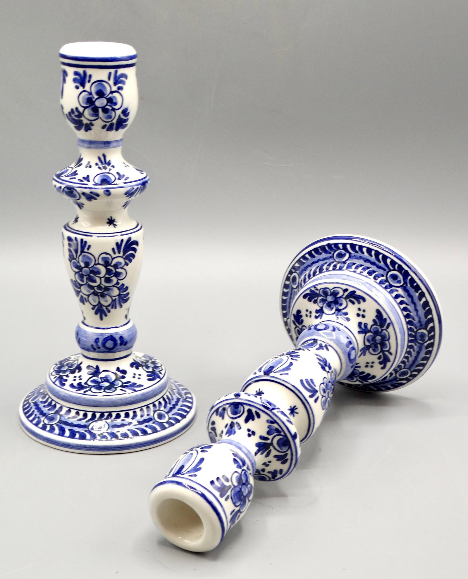 Blue & White Dutch Delft Faience Candle Holders, a Pair - 6
