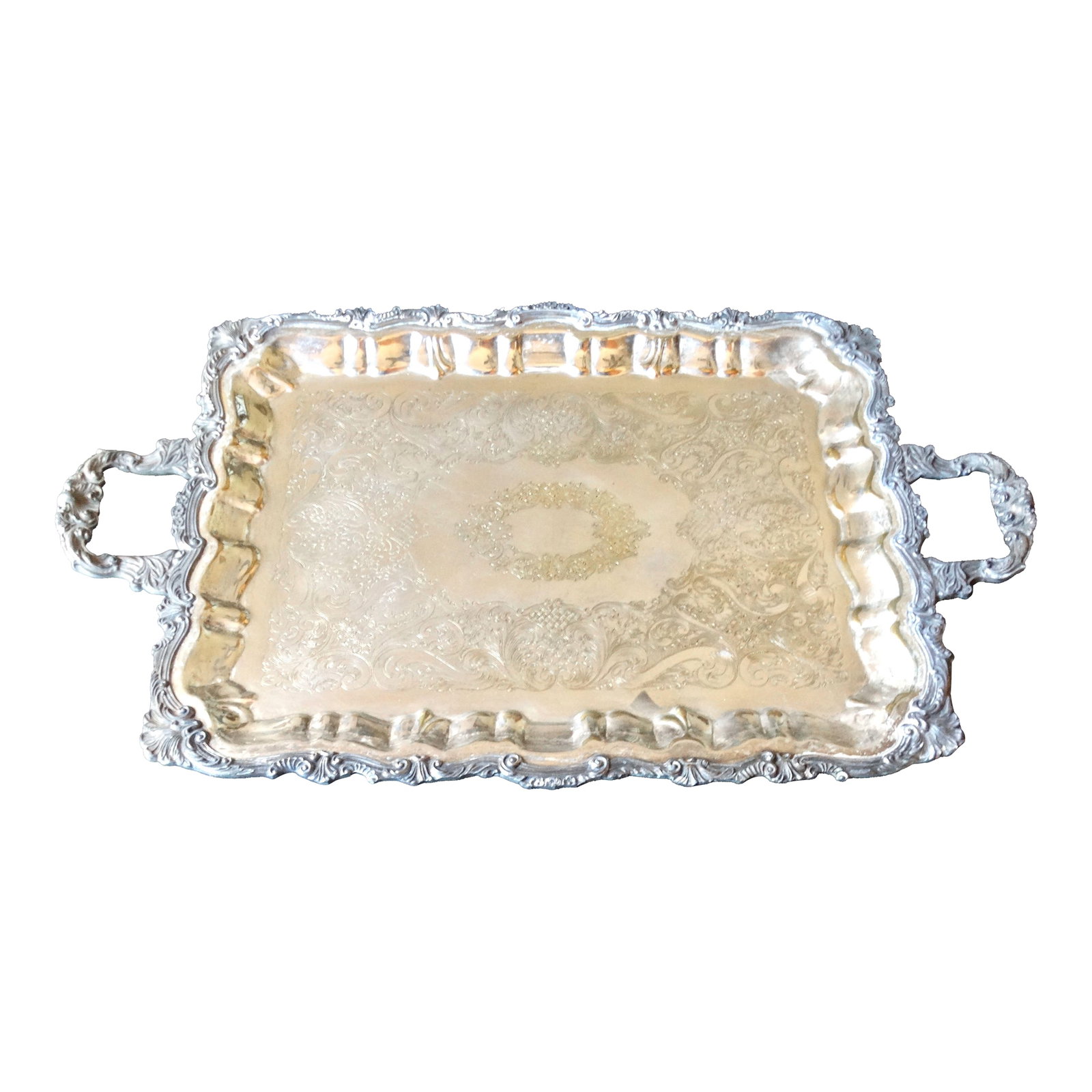Large Footed Handles Plate Silver Serving / Drinks Tray: Mid Century rectangular footed plate silver serving or drinks tray with handles. It has an ornate scalloped decorative border and etched surface. It is large and heavy, weighing almost 7 pounds.