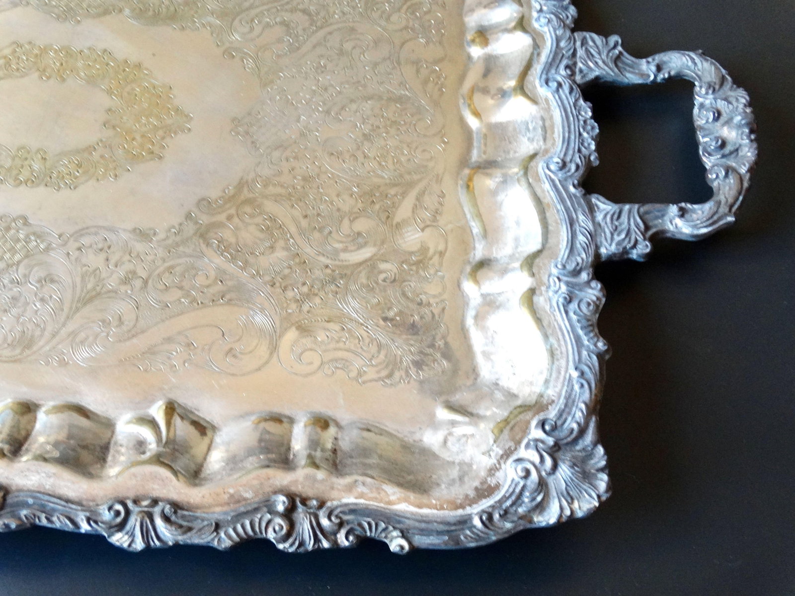 Large Footed Handles Plate Silver Serving / Drinks Tray - 2