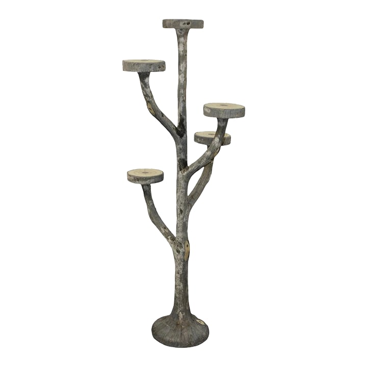French Faux Bois Plant Stand: An evocative and sculptural French faux bois plant stand, exquisitely modeled to resemble a branching tree trunk with multiple staggered platforms. Crafted in the time-honored faux bois tradition,
