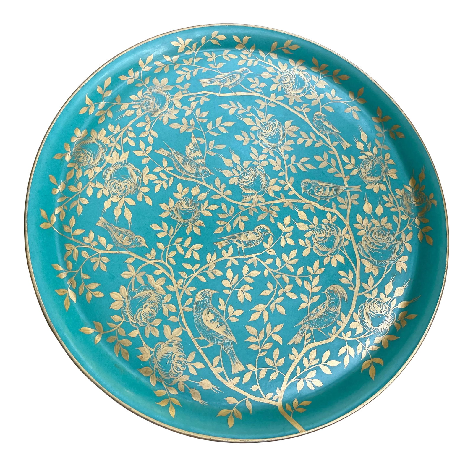 1940s Large Turquoise Platter With Gold Birds Platter: This porcelain platter is a bright rich turquoise ground with gold vines and birds painted in a Gracie Chinoiserie style. Marked on the back in a name I can not make out but added 15 Rue Royale